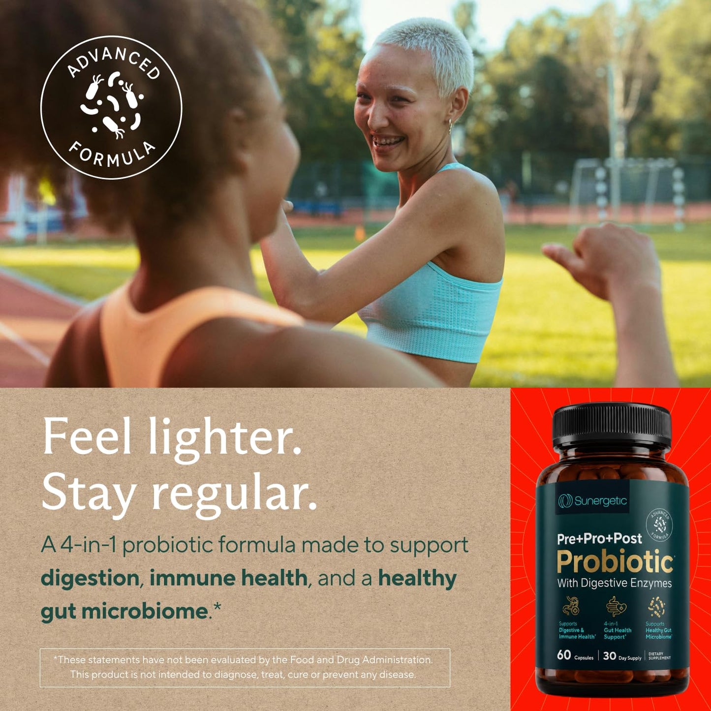 Sunergetic Premium 4-in-1 Probiotic Prebiotic & Postbiotic - Tribiotic Blend with Digestive Enzymes for Men & Women - Supports Gut, Digestion & Immunity - Complete Gut Health with Pre, Post & Probiotics 60 Capsules