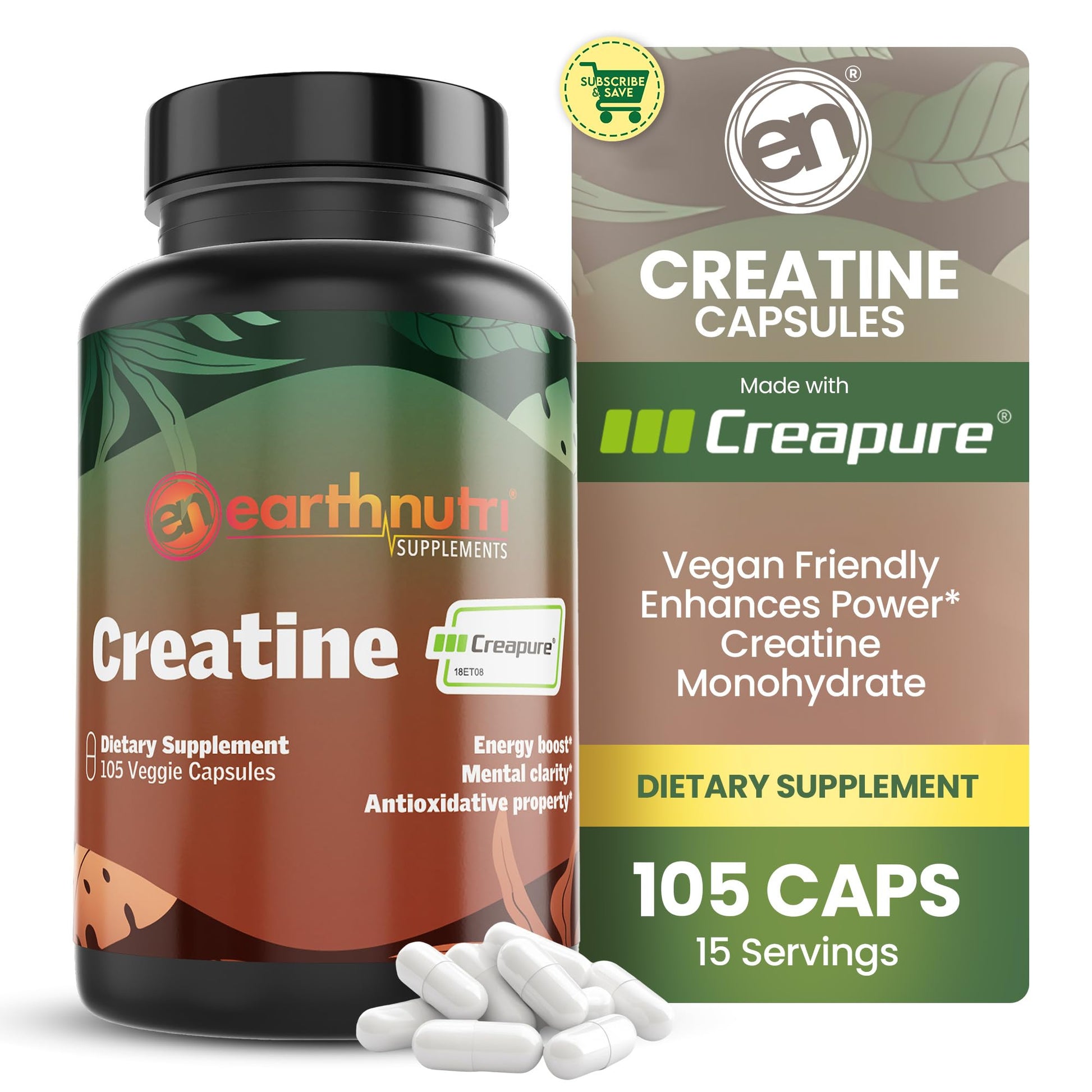 EarthNutri Creatine Monohydrate Capsules, Unflavored, 105 Capsules