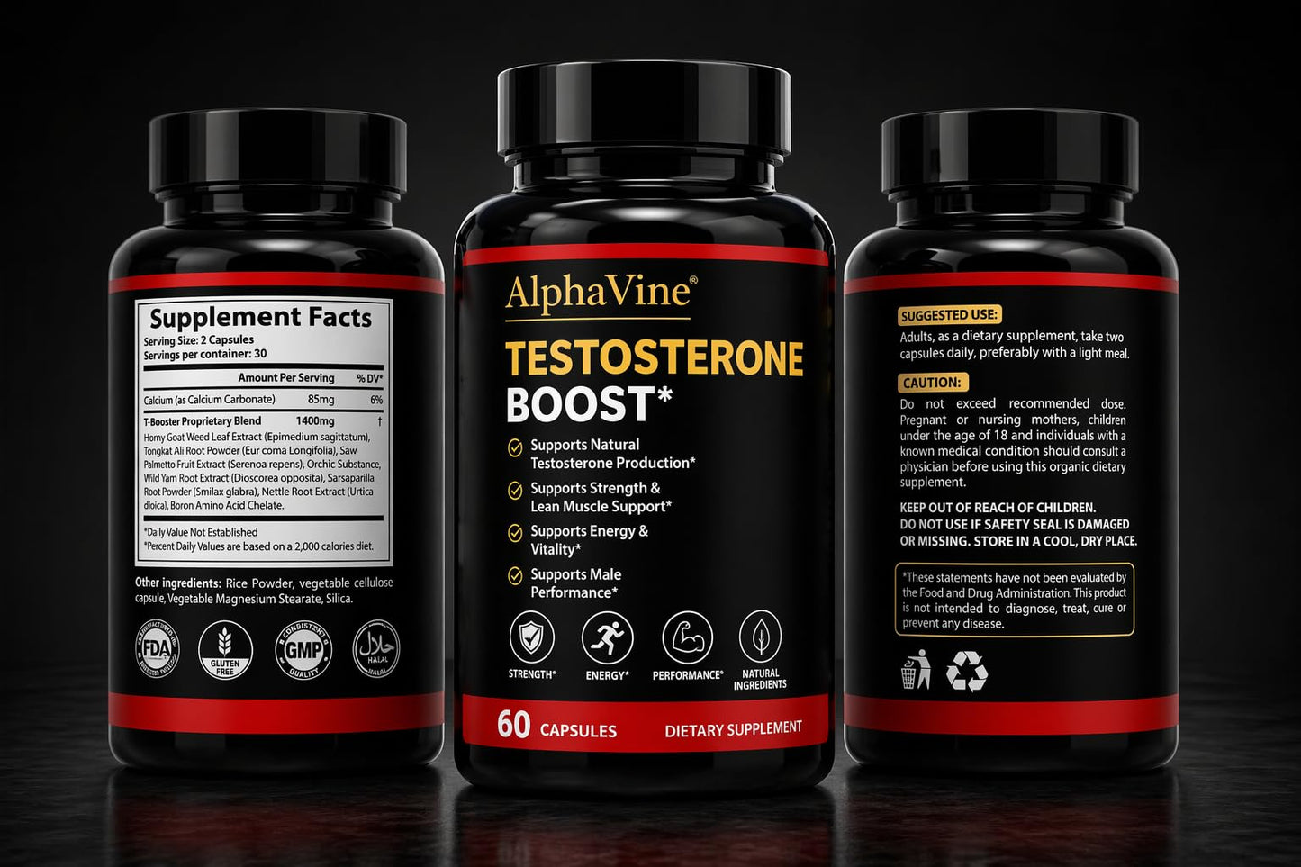 ALPHAVINE Testosterone Booster for Men, Horny Goat Weed, Tongkat Ali and Saw Palmetto, 60 Capsules