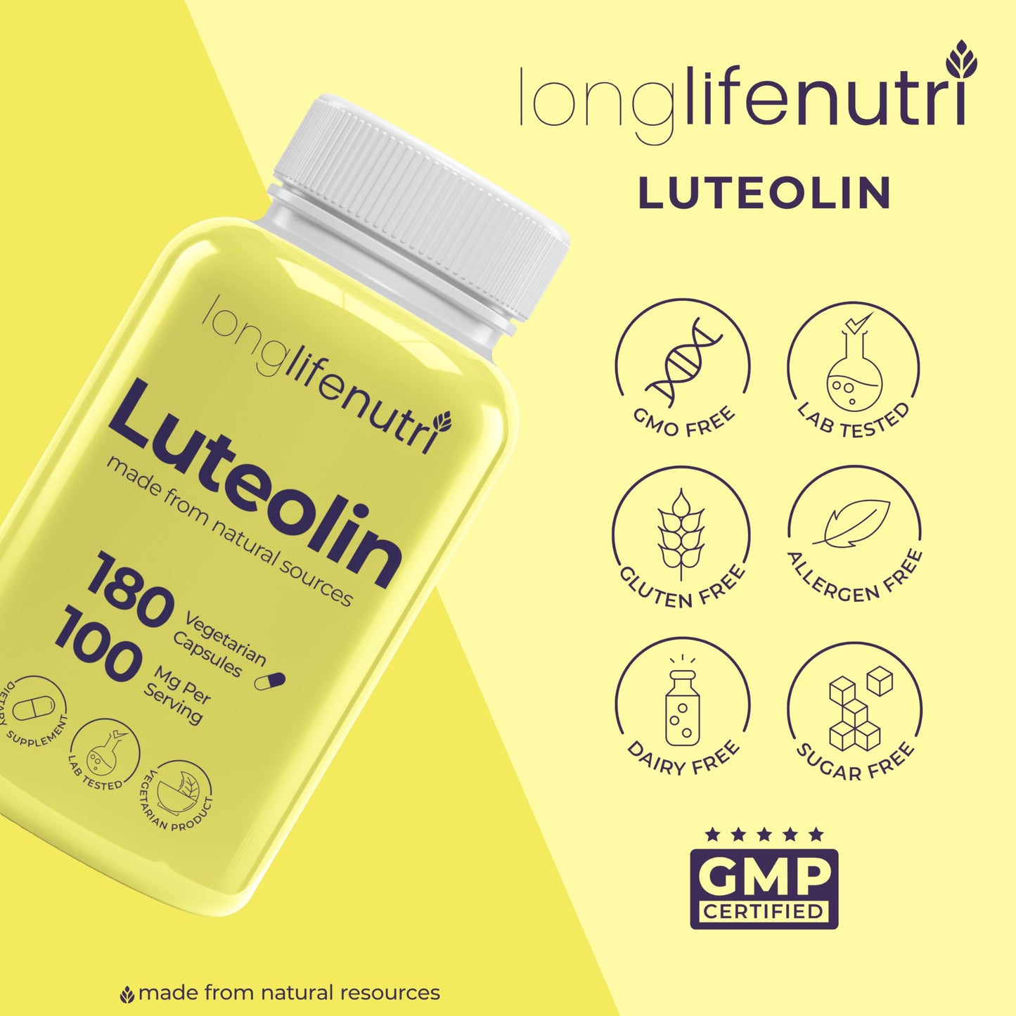 LongLifeNutri Luteolin Supplement 100mg Capsule 180 Count