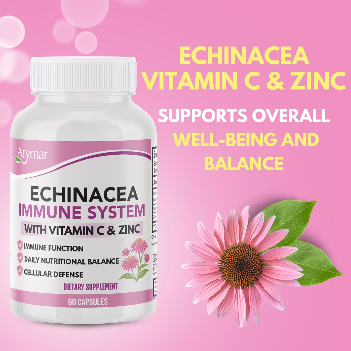 Arymar Echinacea Complex with Vitamin C & Zinc: 3-in-1 Seasonal Formula, Natural Antioxidant Rich Herbal Capsules, 60 Count