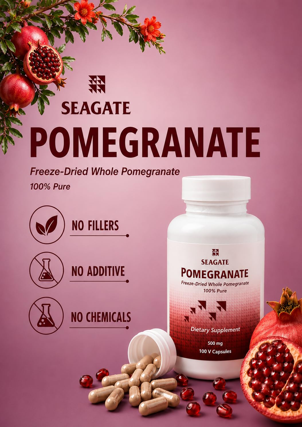 Seagate Pomegranate 500 mg Capsules, 100 Count