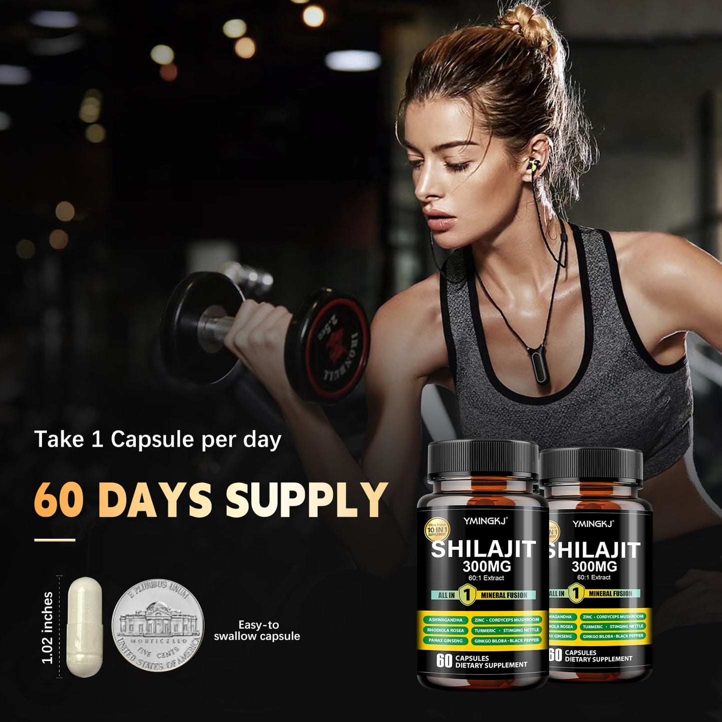 YMINGKJ Shilajit Capsules 10 in 1 Supplement with Ashwagandha, Rhodiola Rosea, Panax Ginseng, Cordyceps, Turmeric, Ginkgo, Fulvic Acid Trace Minerals Supplement for Men & Women, 120 Count