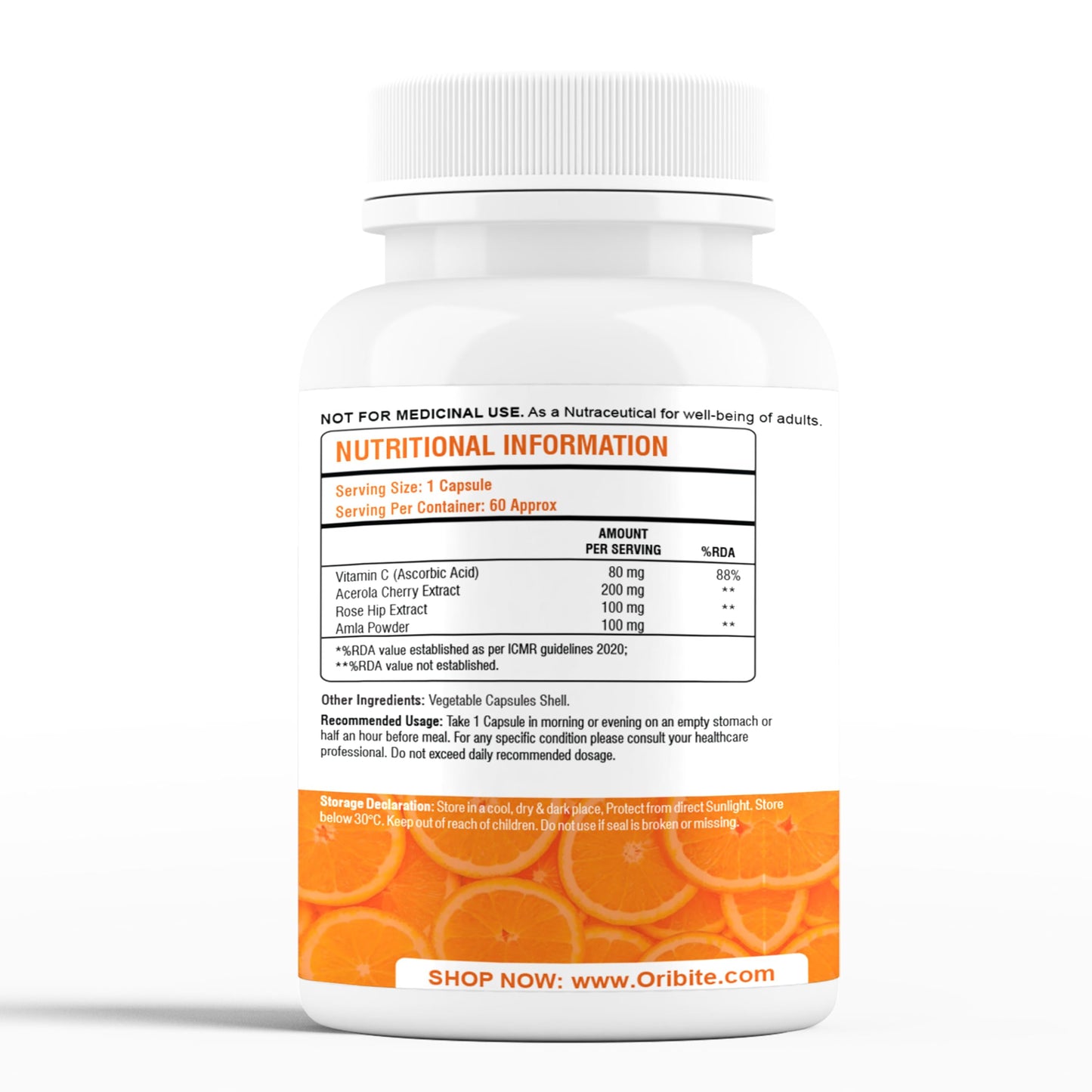 ORIBITE Vitamin C 500mg with Amla, Rose Hip & Acerola Cherry – Supports Immune & Antioxidant Health, Enhances Skin, Boosts Energy & Iron Absorption – 60 Vegetarian Capsules