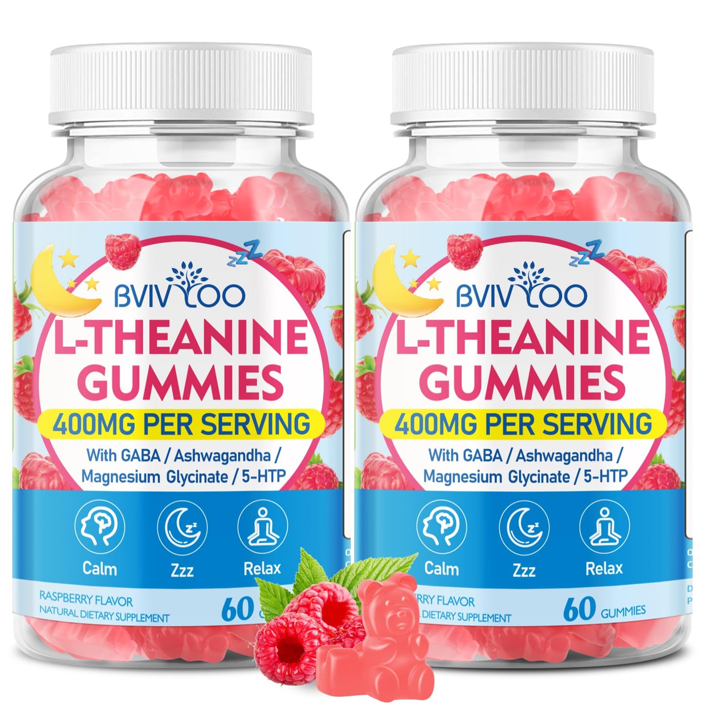 BVIVLOO L-Theanine Gummies with L-Theanine 400 mg, Ashwagandha, GABA, 5-HTP, Magnesium Glycinate for Calm, ZZZ & Relaxation Support - Vegan, Raspberry Flavor, 2-Pack