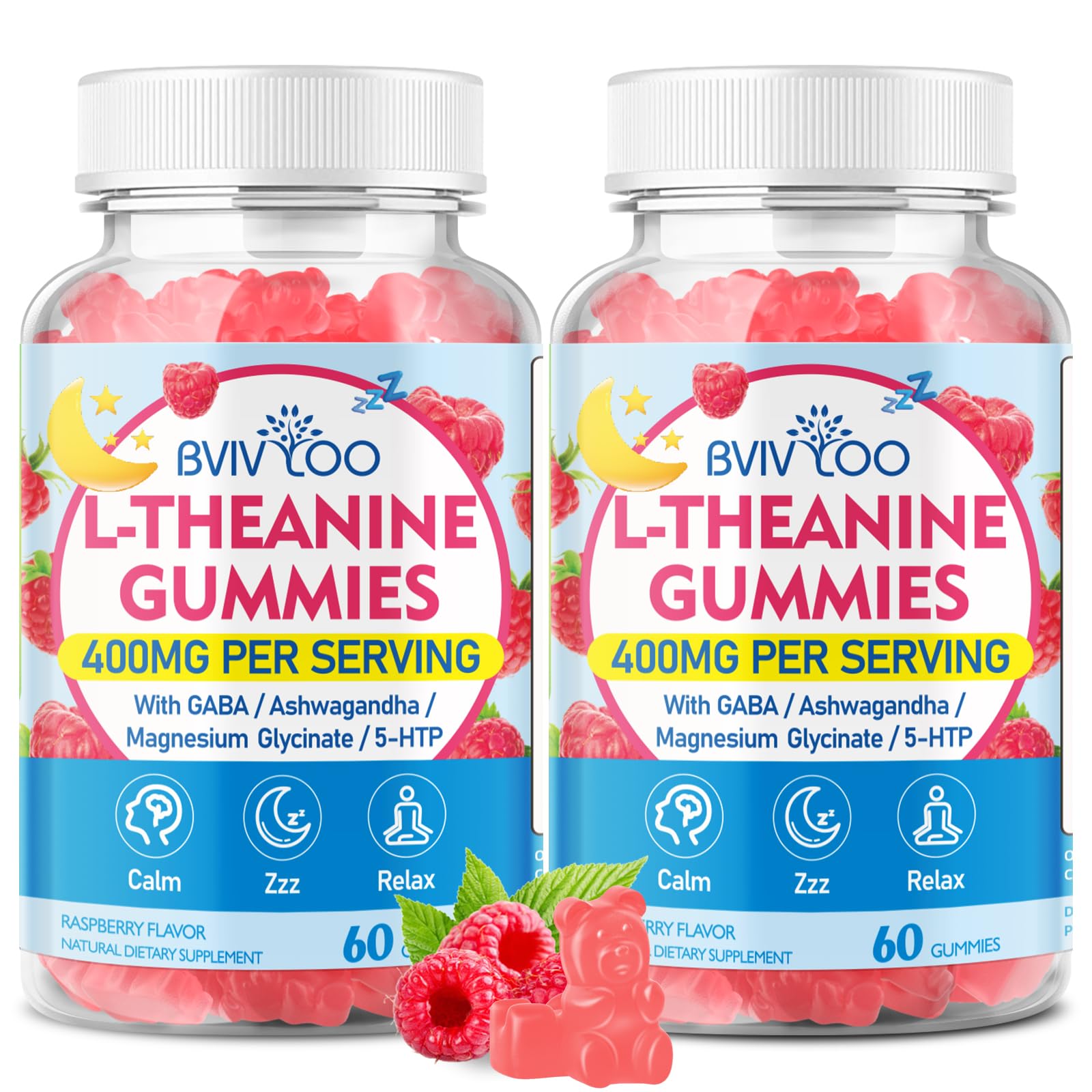 BVIVLOO L-Theanine Gummies with L-Theanine 400 mg, Ashwagandha, GABA, 5-HTP, Magnesium Glycinate for Calm, ZZZ & Relaxation Support - Vegan, Raspberry Flavor, 2-Pack