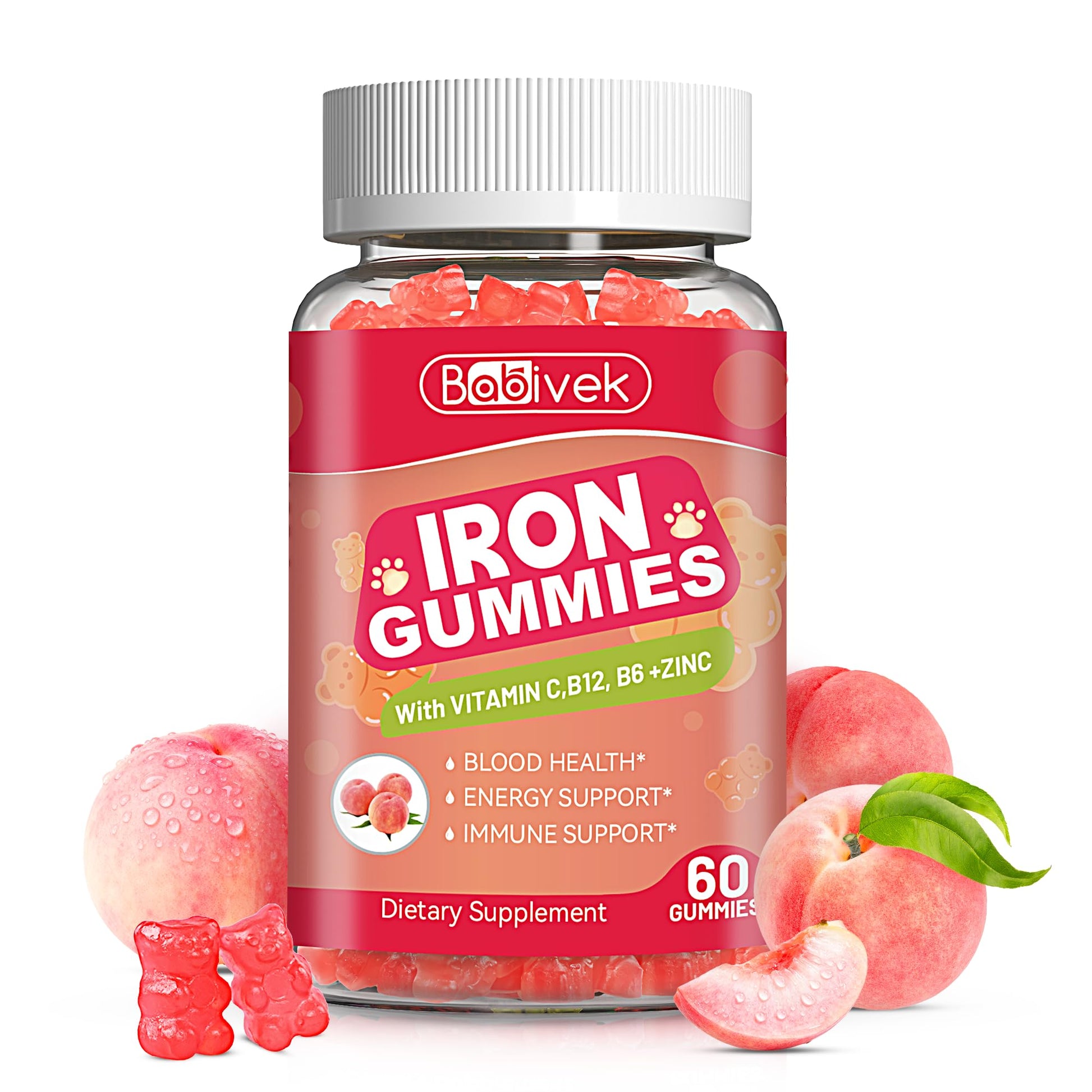 Babivek Iron Gummies with Folate, Vitamin C, B12, B6, Zinc - Peach Flavor, Vegan, 60 Gummies
