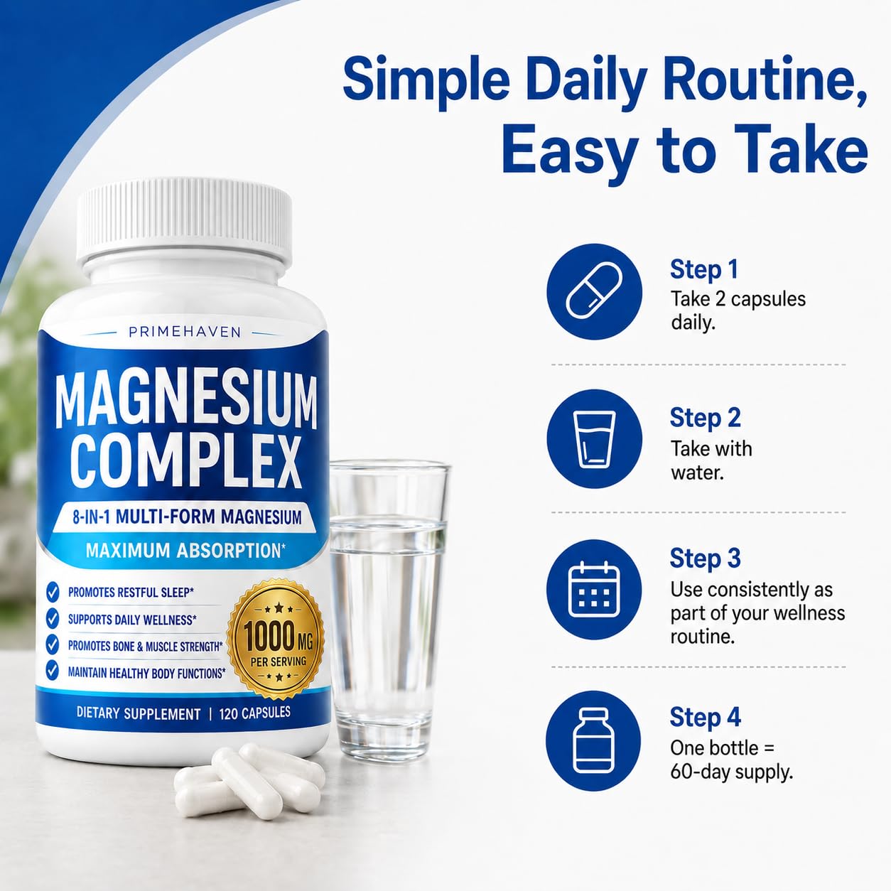 PRIMEHAVEN Alveta Magnesium Complex 1000mg for Women and Men, 8-in-1 Magnesio Complex Supplement Capsules with Glycinate, Citrate, Malate & Taurate, 120 Capsules
