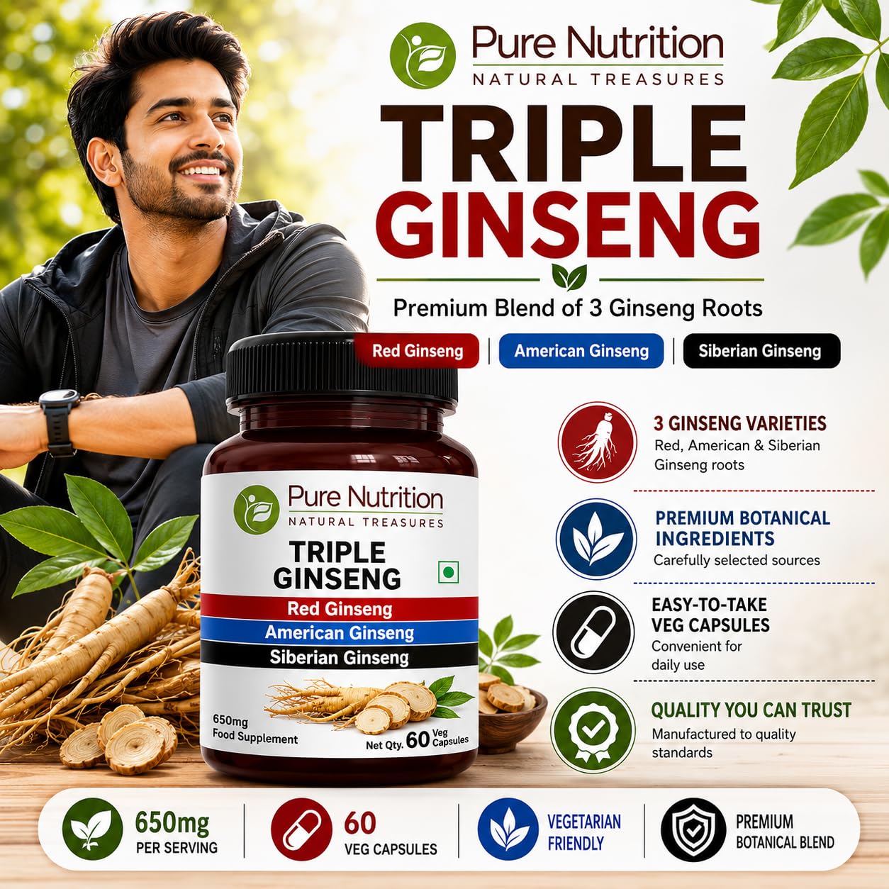 Pure Nutrition Natural Treasures Triple Ginseng Capsule 60 Veg Caps