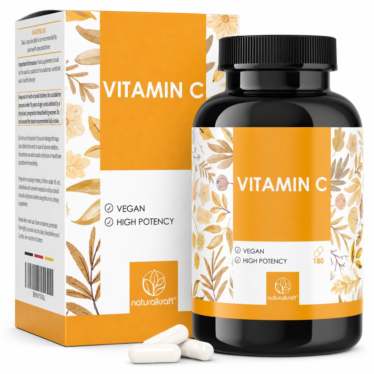 Naturalkraft Vitamin C 1000 mg per Daily Serving with Sunflower Phospholipid Powder and Rosehip Extract, 180 Capsules