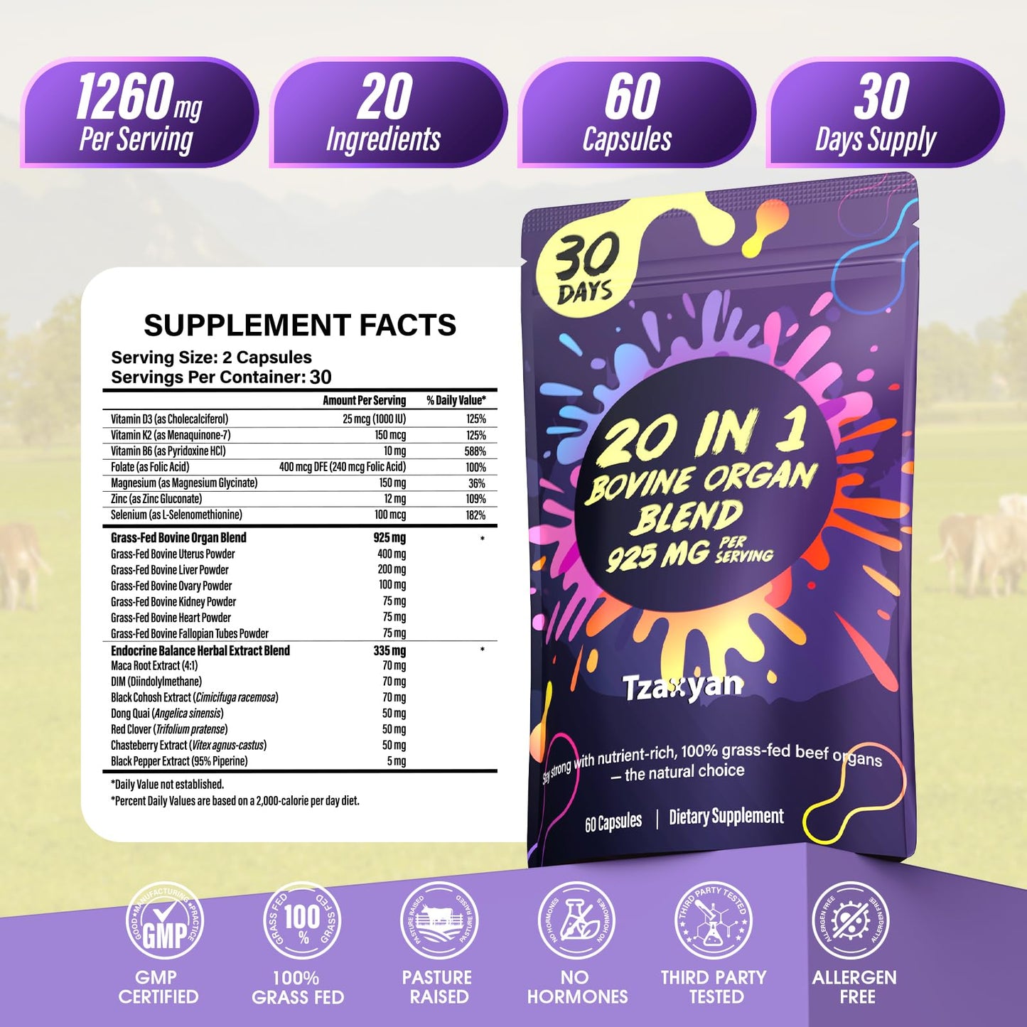 tzaxyan 20-In-1 Beef Organ Supplement for Women Capsule, 60 Count