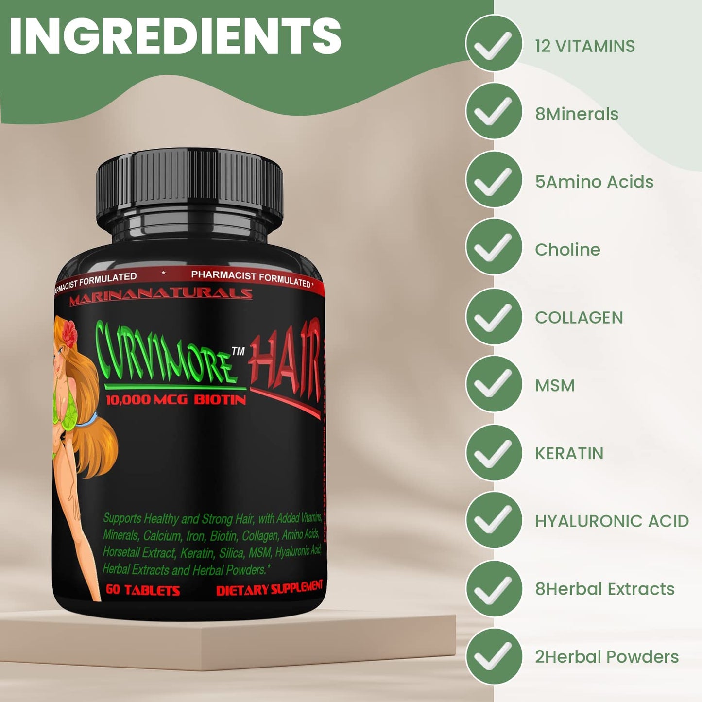 MARINANATURALS CURVIMORE Hair Growth, Hair Loss Mixture, 60 Tablets
