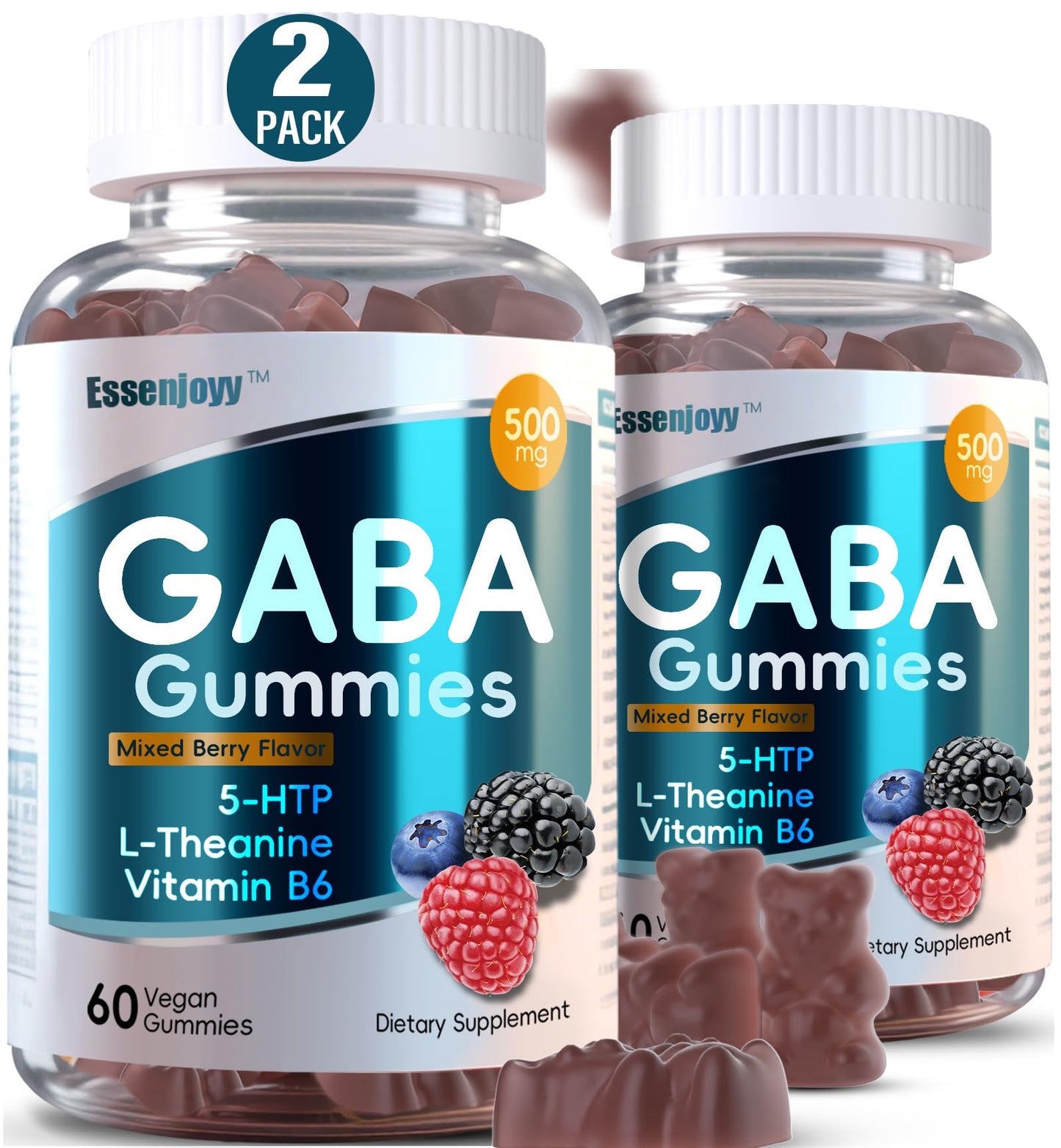 ESSENJOYY Liposomal GABA Gummies 500mg with 5-HTP, L-Theanine & Vitamin B6 Sugar Free, 120 Gummies