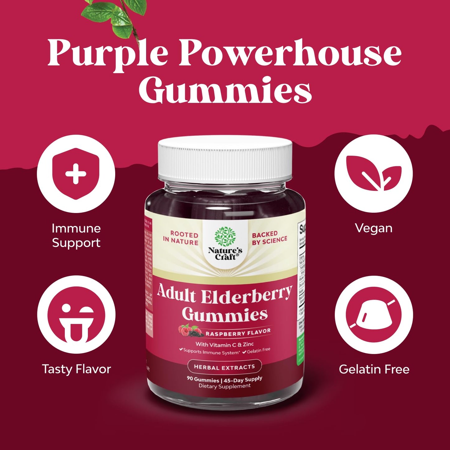 Natures Craft Elderberry Vitamin C and Zinc Gummies 90 Count