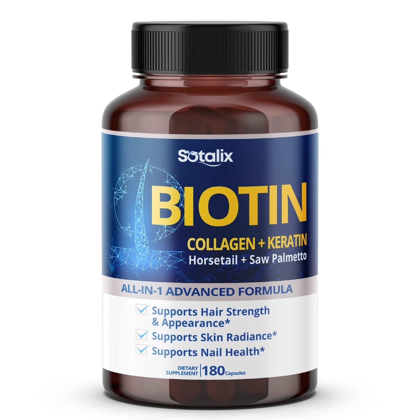 SOTALIX SUPPLEMENT Biotin with Collagen + Keratin Horsetail + Saw Palmetto, 180 Capsules