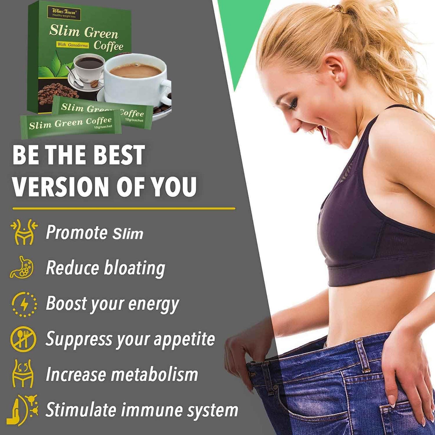 Wins Town 6-IN-1 Natural Diet Instant Coffee with Ginseng, Ganoderma & Matcha – Green Coffee Blend for Metabolism Support, Energy Boost, Gluten-Free, 6.35 Ounce Powder