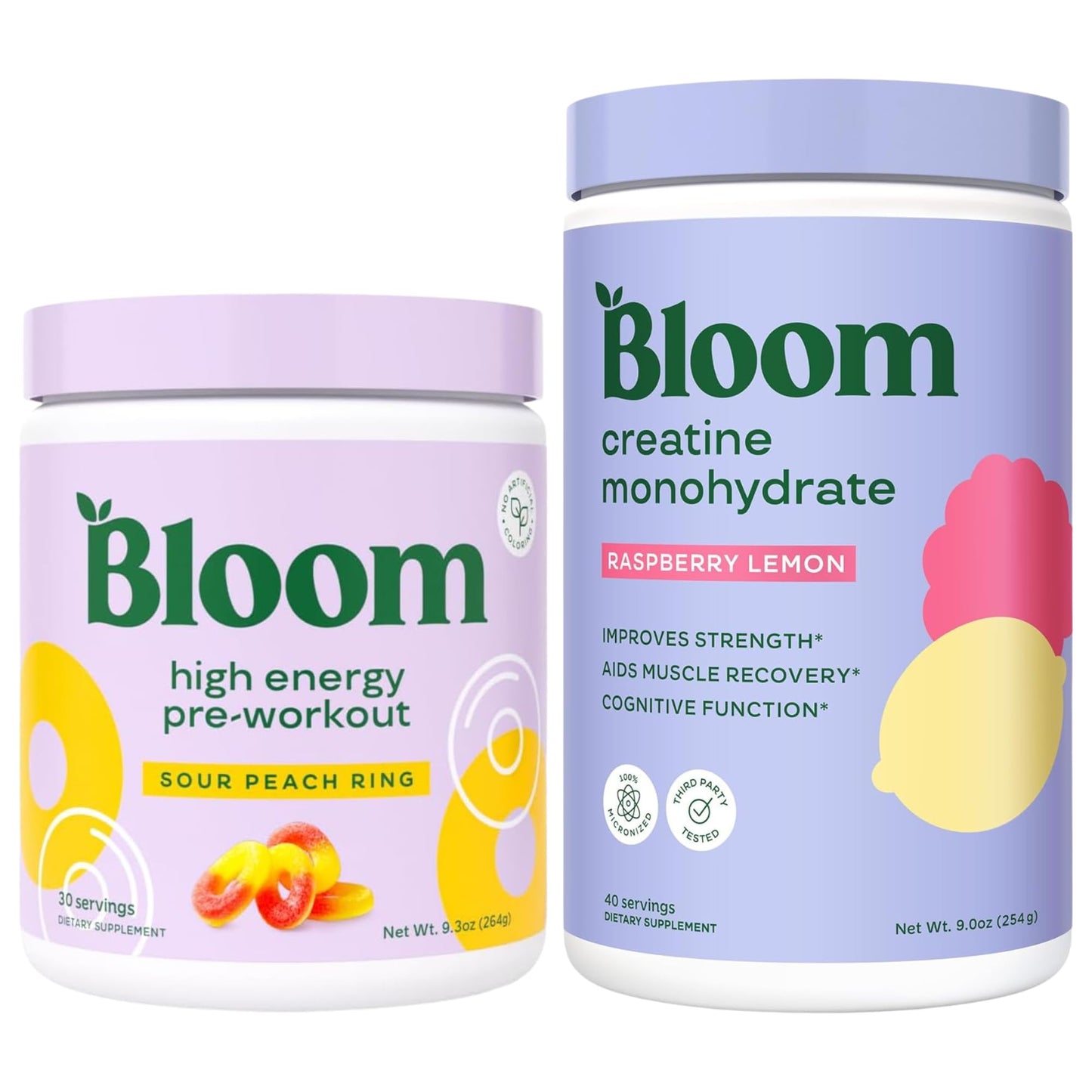 Bloom Nutrition Sour Peach Ring Pre Workout Powder and Raspberry Lemon Creatine Powder Bundle