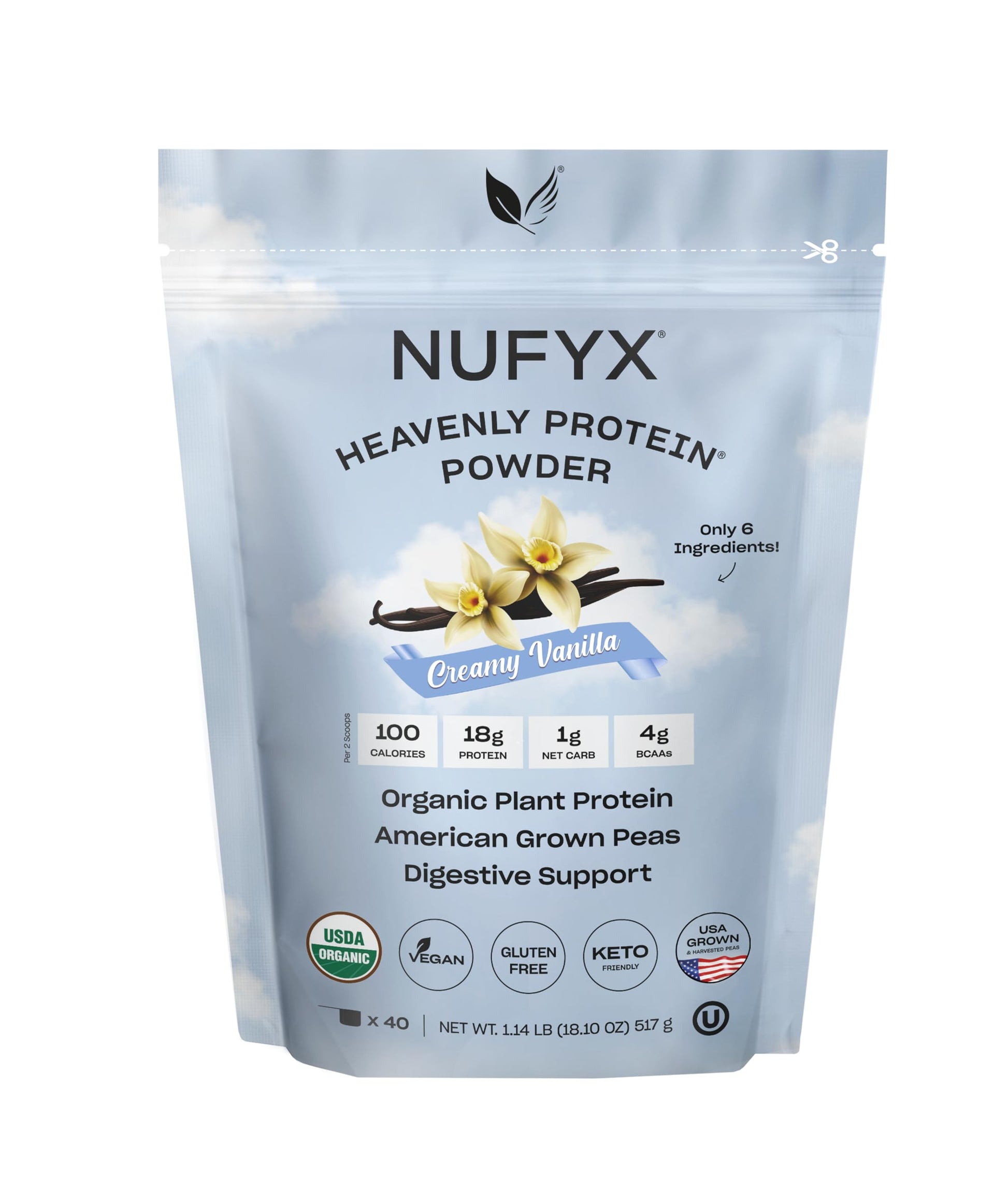 NUFYX Organic Plant-Based Protein Powder, Made with 100% USA Grown Peas, 18g Protein, 40 Scoops