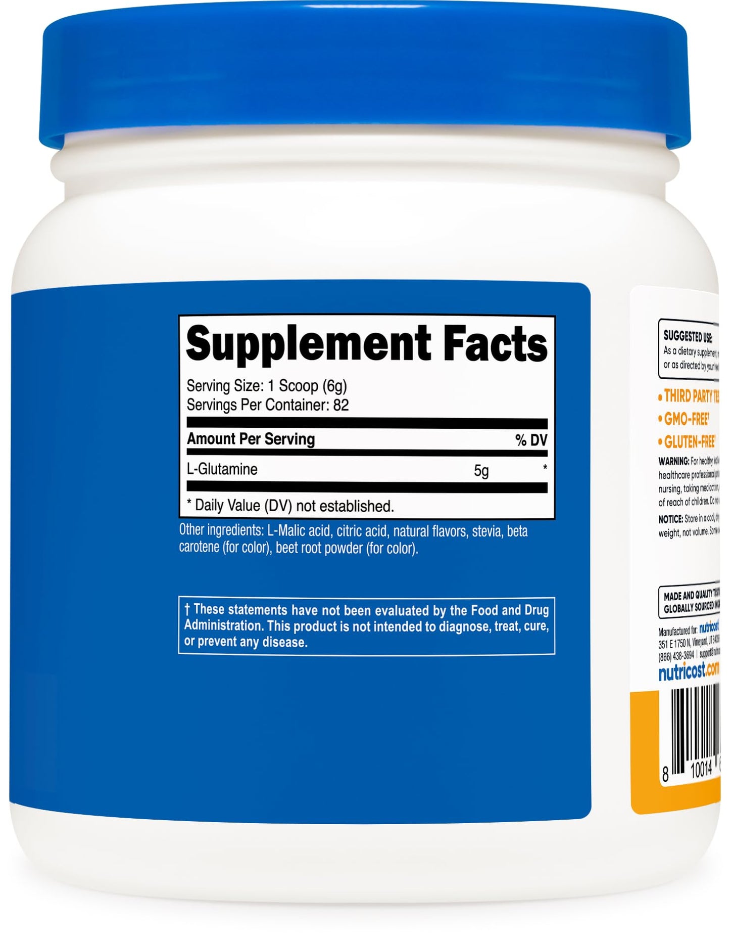 Nutricost L-Glutamine Powder Sweetened with Stevia (Peach Mango) 500 Grams 17.9 oz