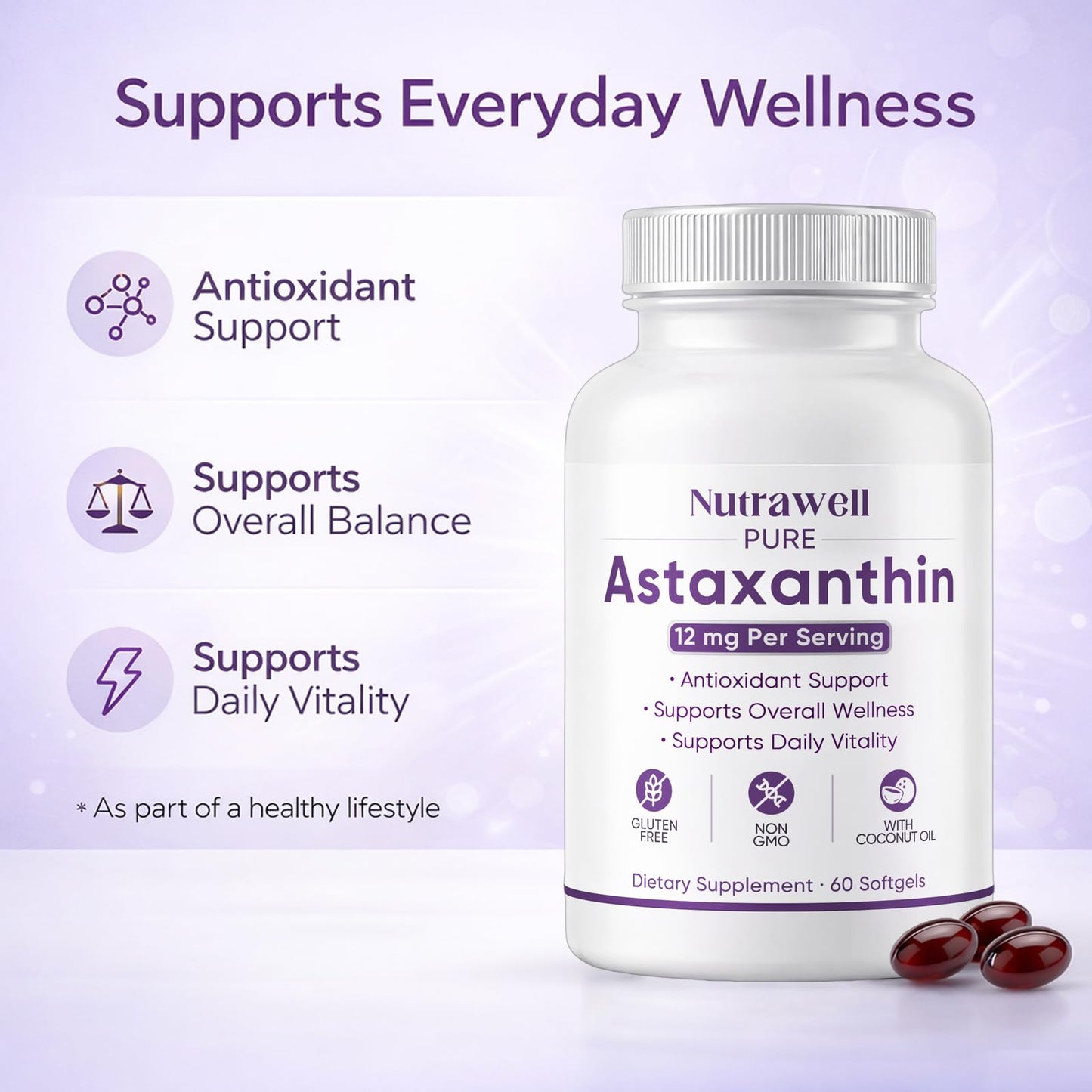 QUZOYU NutraWell Astaxanthin 12mg with Coconut Oil Antioxidant Support Supplement Softgels, 60 Count