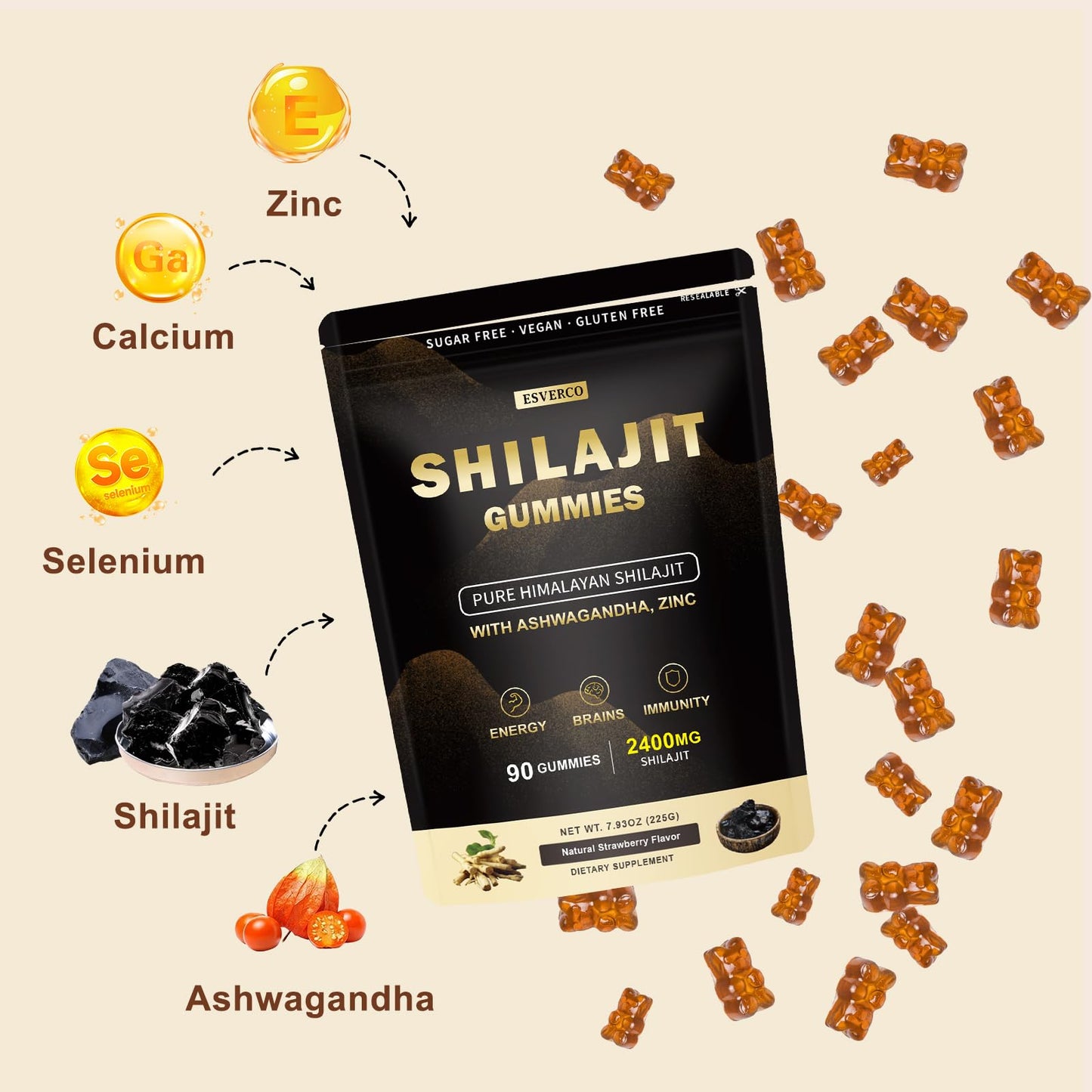 esverco Shilajit Gummies 2400mg Supplement for Adults Strawberry flavor Gummy 90 Count