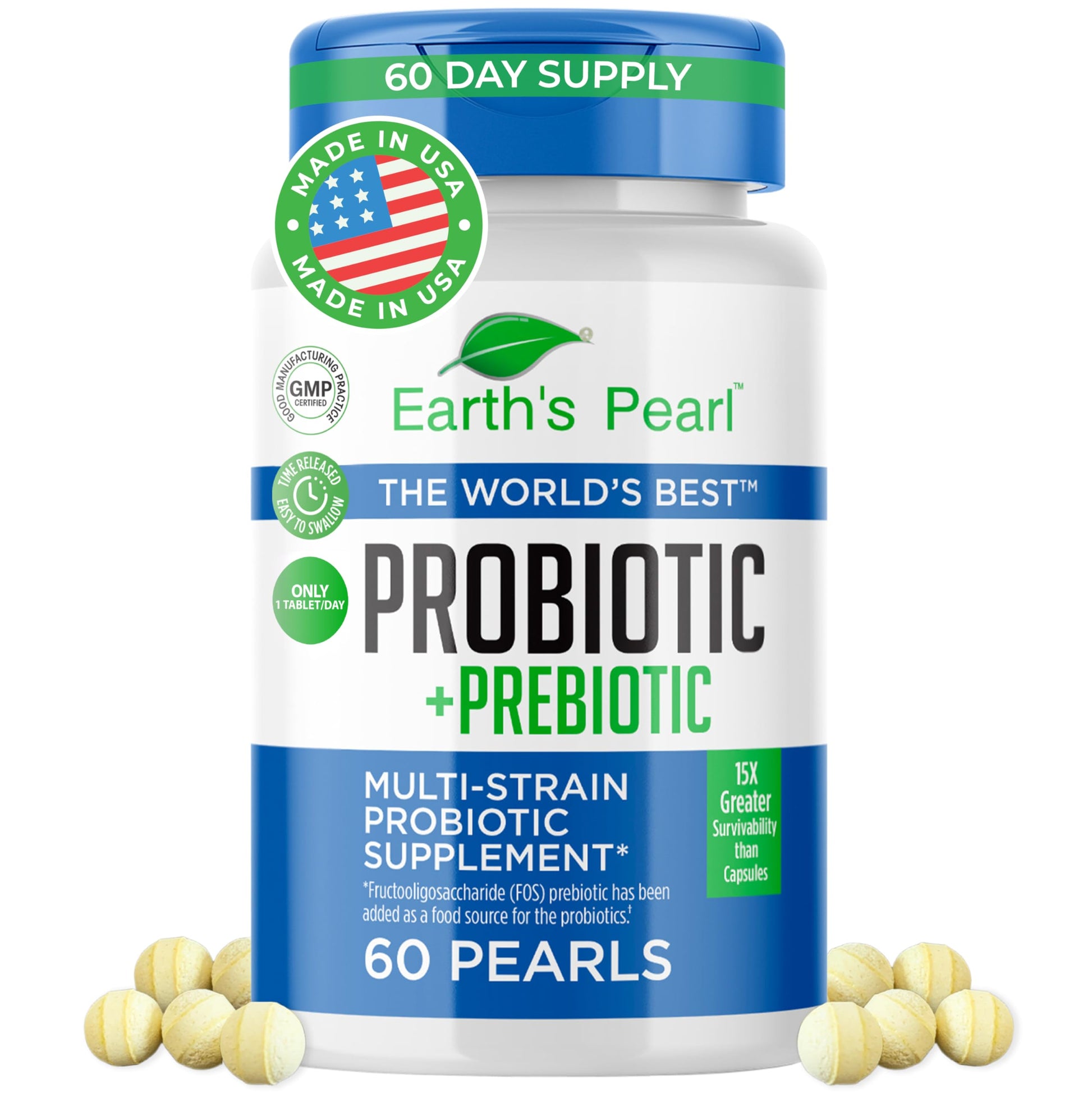 Earth's Pearl Probiotics for Women & Men & Kids Pearl-Shaped Probiotic & Prebiotics with BIO-Tract 4 Billion CFU Gut Health Support Tablet, 60 Count