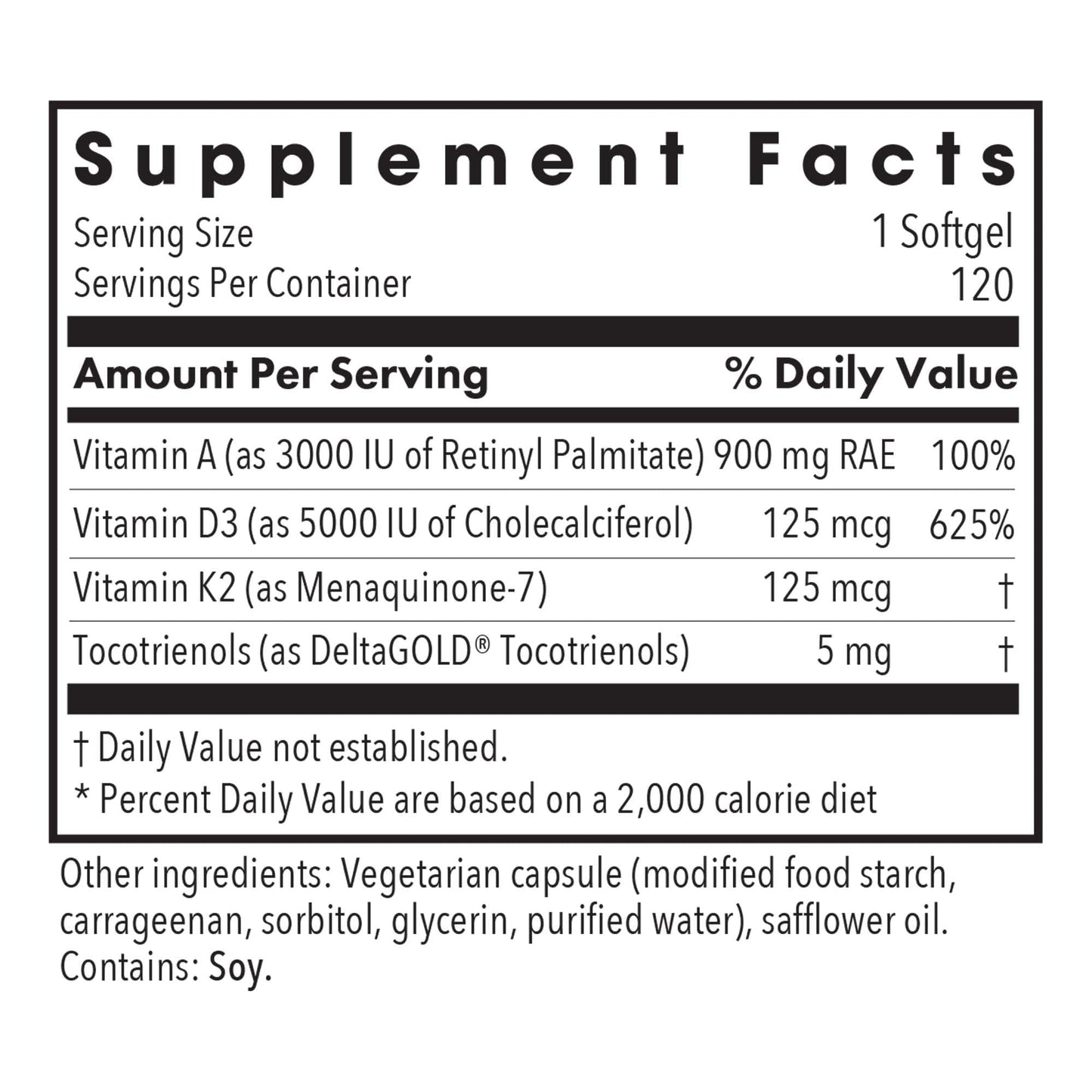 Allergy Research Group Vitamin D3 Complete 5000 Delivers 125 mcg Vitamin D3 with Vitamin A & K2, Capsule, 120 Count