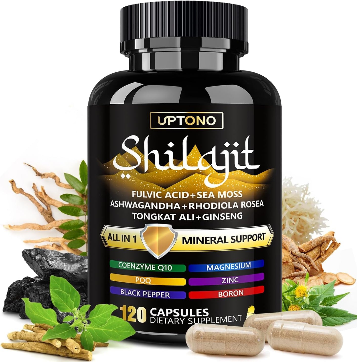 LSOIUX Shilajit Capsules 600mg, 10-in-1 Himalayan Shilajit Supplement with Fulvic Acid, Trace Minerals, Ashwagandha, Tongkat Ali, Ginseng, Cordyceps & Sea Moss, Men & Women - 120 Capsules