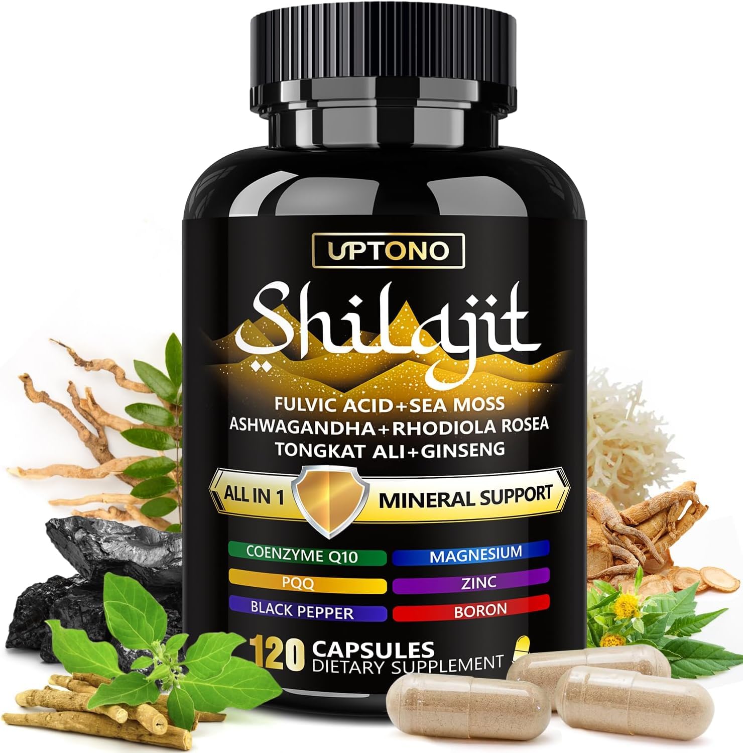 LSOIUX Shilajit 600mg, 10-in-1 Himalayan Formula with Fulvic Acid, 120 Capsules