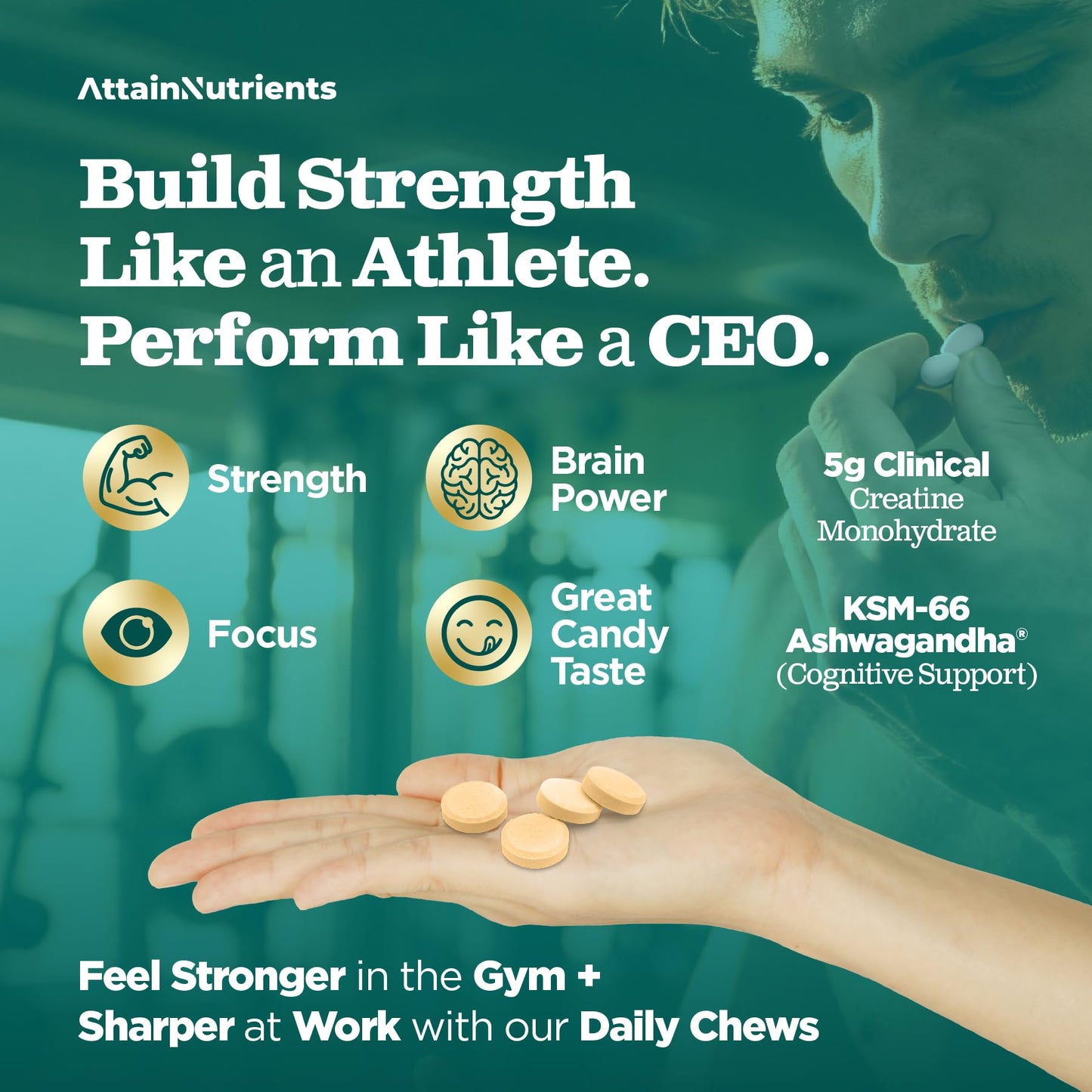 Attain Nutrients Creatine Chews - 5000mg Creatine Monohydrate with Ashwagandha KSM-66, Chewable, 30 Count