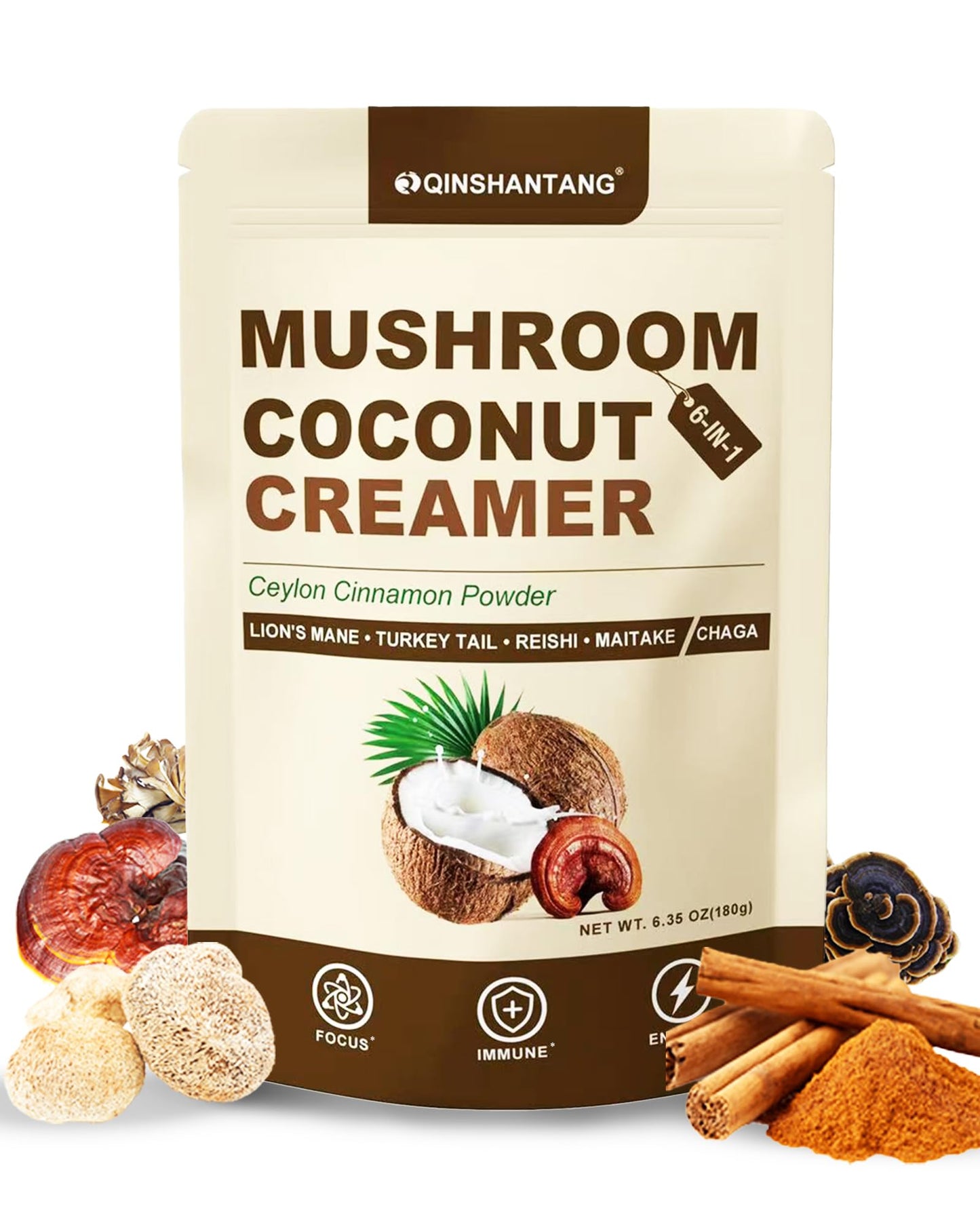 QIN SHAN TANG Mushroom Coconut Creamer Powder, Natural Creamer for Coffee with 5 Mushrooms (Lion's Mane, Turkey Tail, Reishi, Maitake, Chaga) and Ceylon Cinnamon, Boosts Focus, Immunity and Energy, 6.35 oz