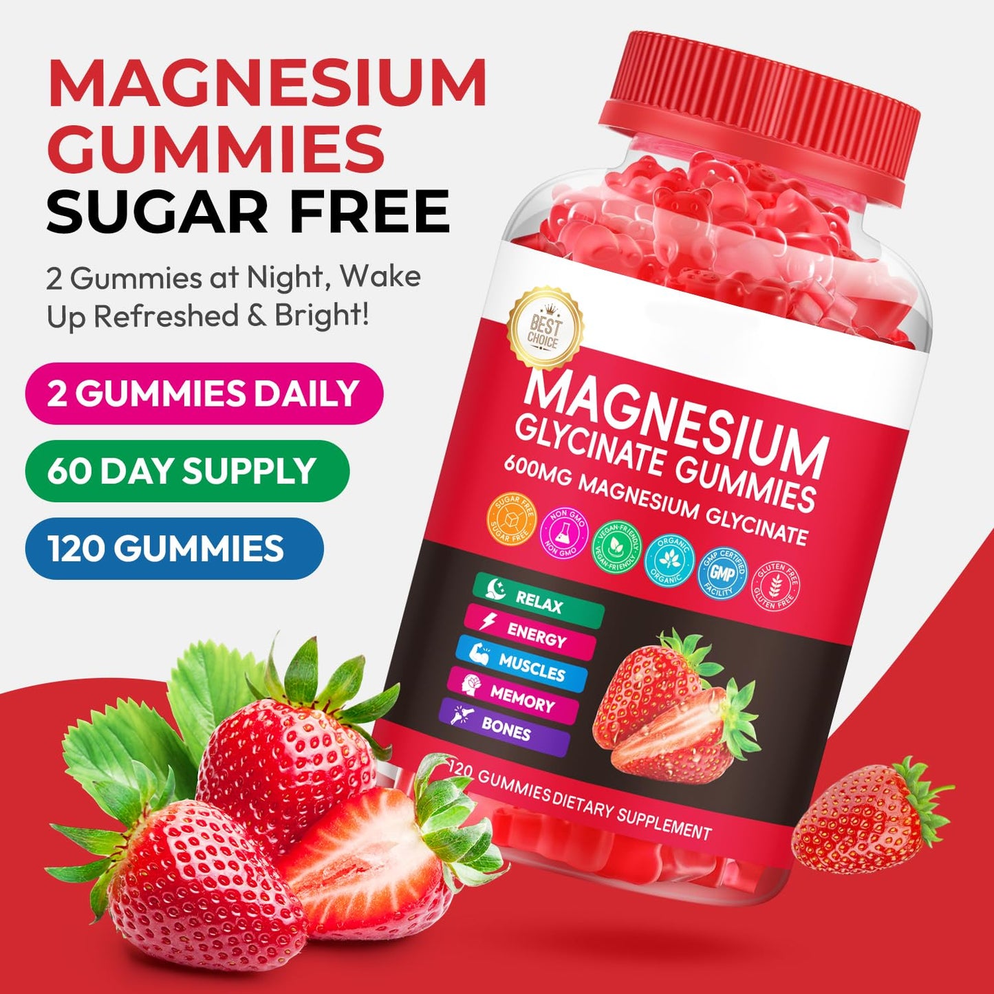 Xytora Magnesium Glycinate Gummies, High Absorption Magnesium Complex, Strawberry, 120 Gummies
