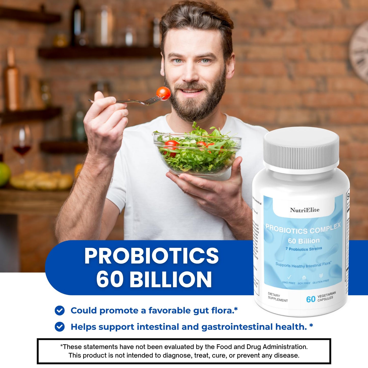 NUTRI ELITE 60 Billion CFU Probiotics Complex with 7 Strains, Capsules, 60 Count