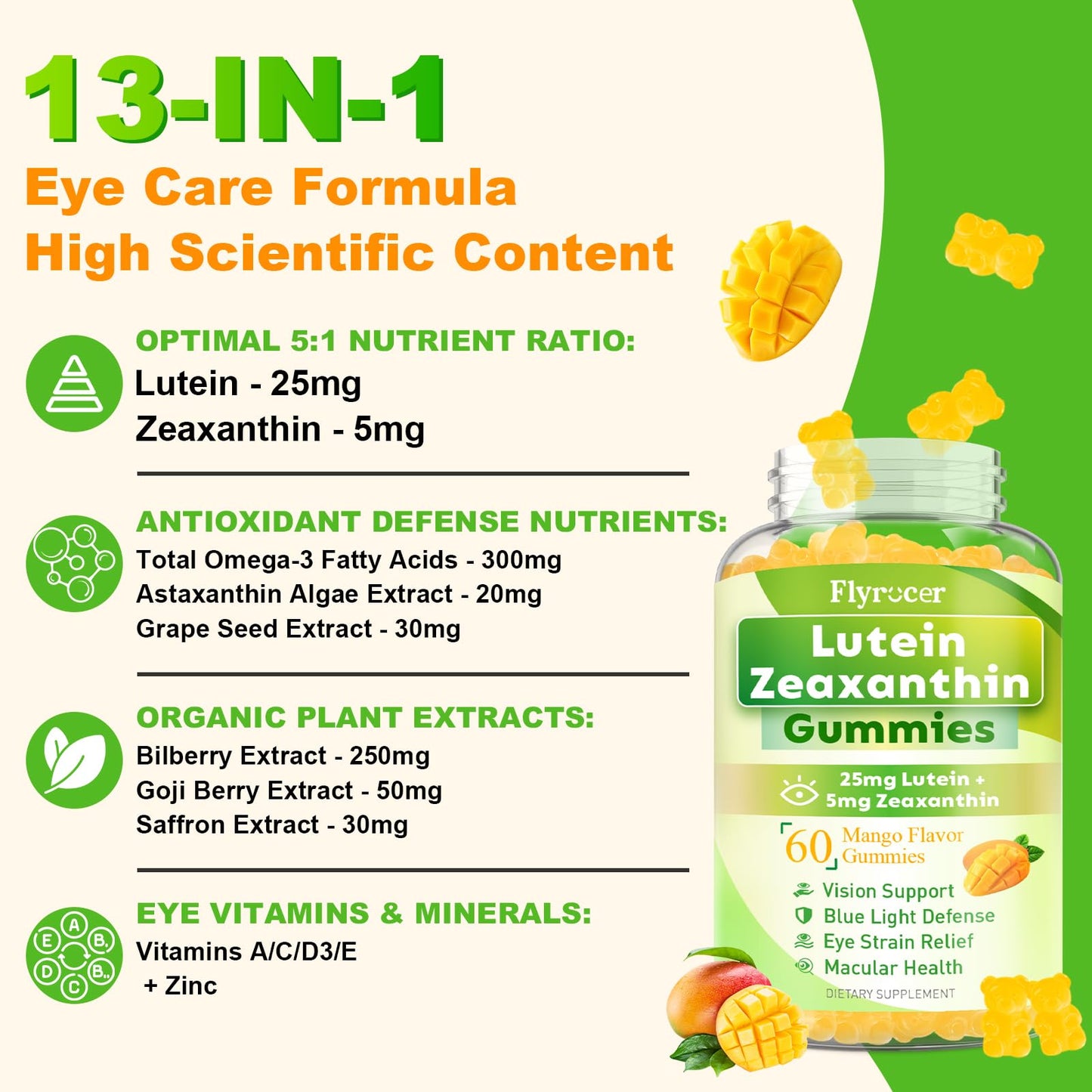 Flyrocer Sugar Free Lutein 25mg with Zeaxanthin Gummies, 60 Count