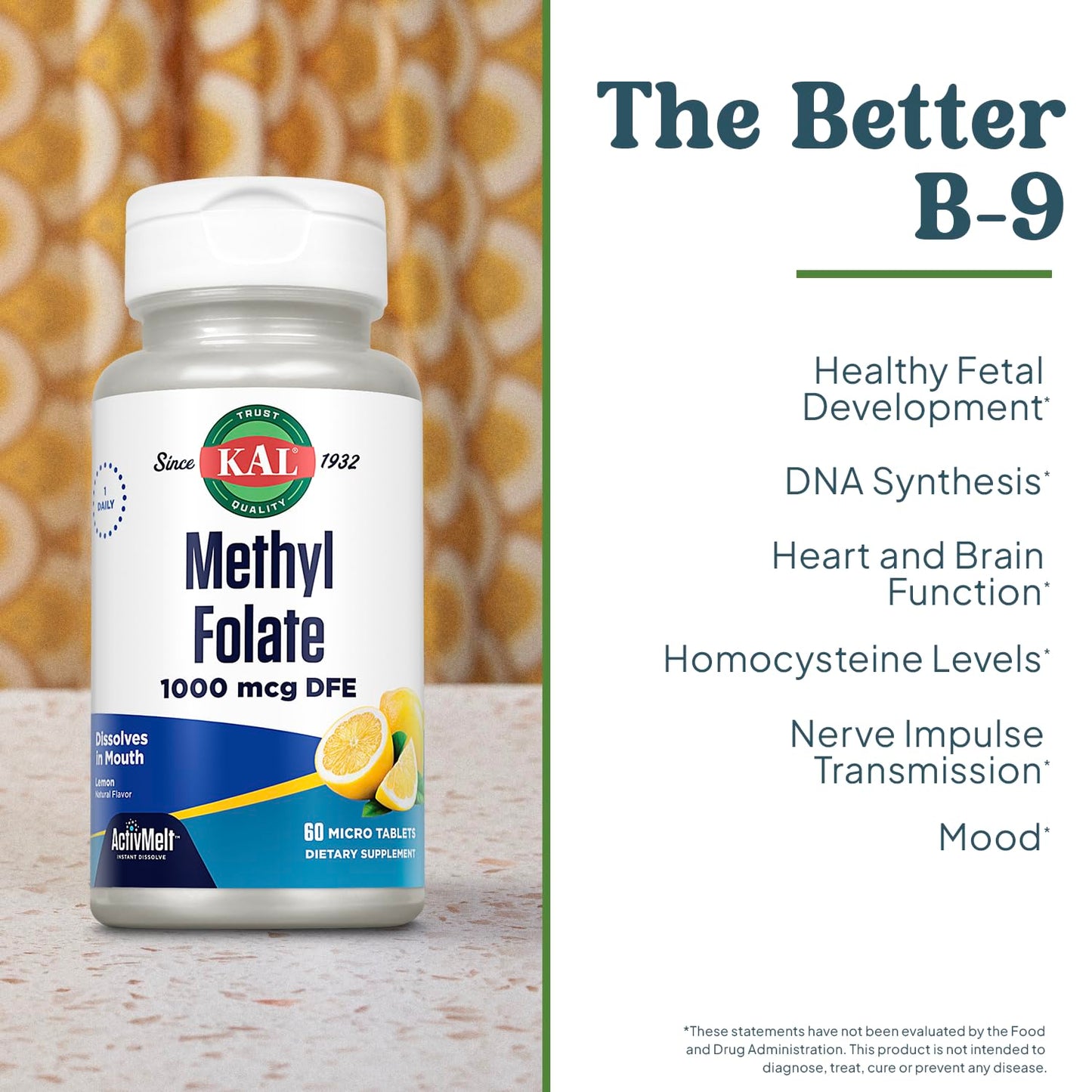 KAL Methyl Folate 1000 mcg - 5-MTHF Active Form, Folic Acid Supplement for Women and Men, Heart Health, Prenatal, Brain Support for Adults, Vegetarian, Natural Lemon ActivMelt - 60 Micro Tablets