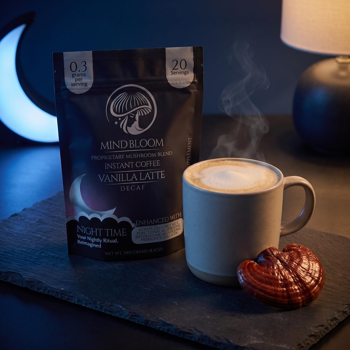 Mind Bloom Night Time Vanilla Latte Instant Coffee Decaf Proprietary Mushroom Blend Powder 8.5 Ounce
