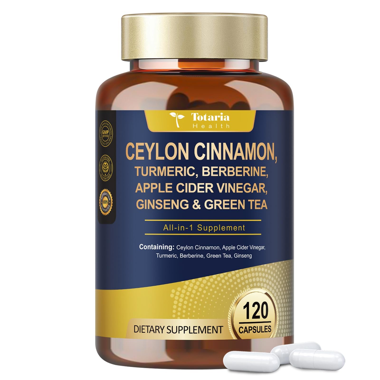 Totaria 18-in-1 Organic Ceylon Cinnamon Capsules with Berberine, 120 Capsules