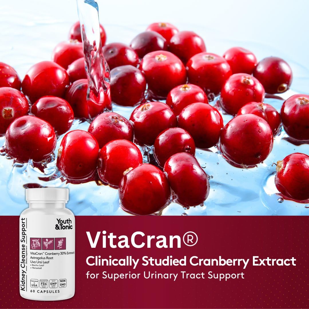 Youth & Tonic Kidney Support Supplement Cleanse Detox Cranberry Extract Capsules, 60 Count