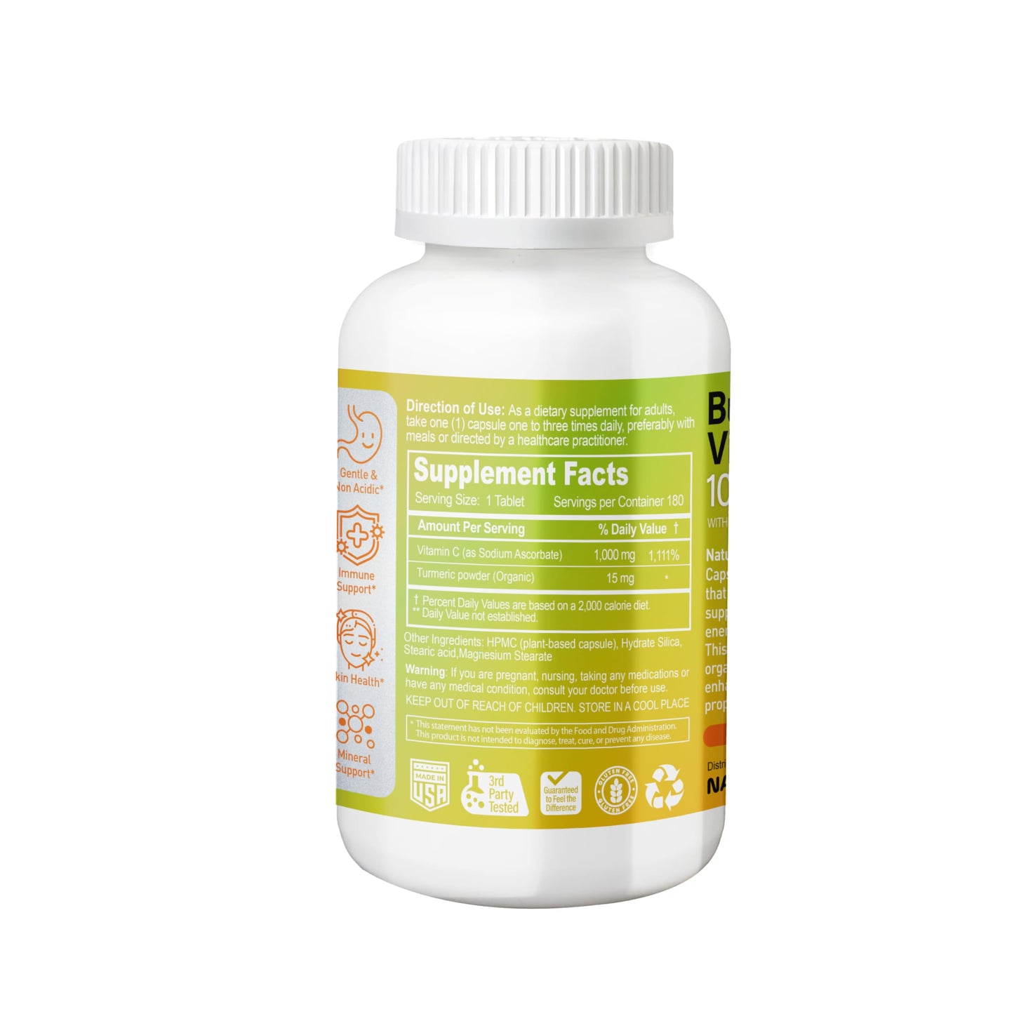 NATURION Buffered Vitamin C 1000 mg with Organic Turmeric Capsule, 180 Count