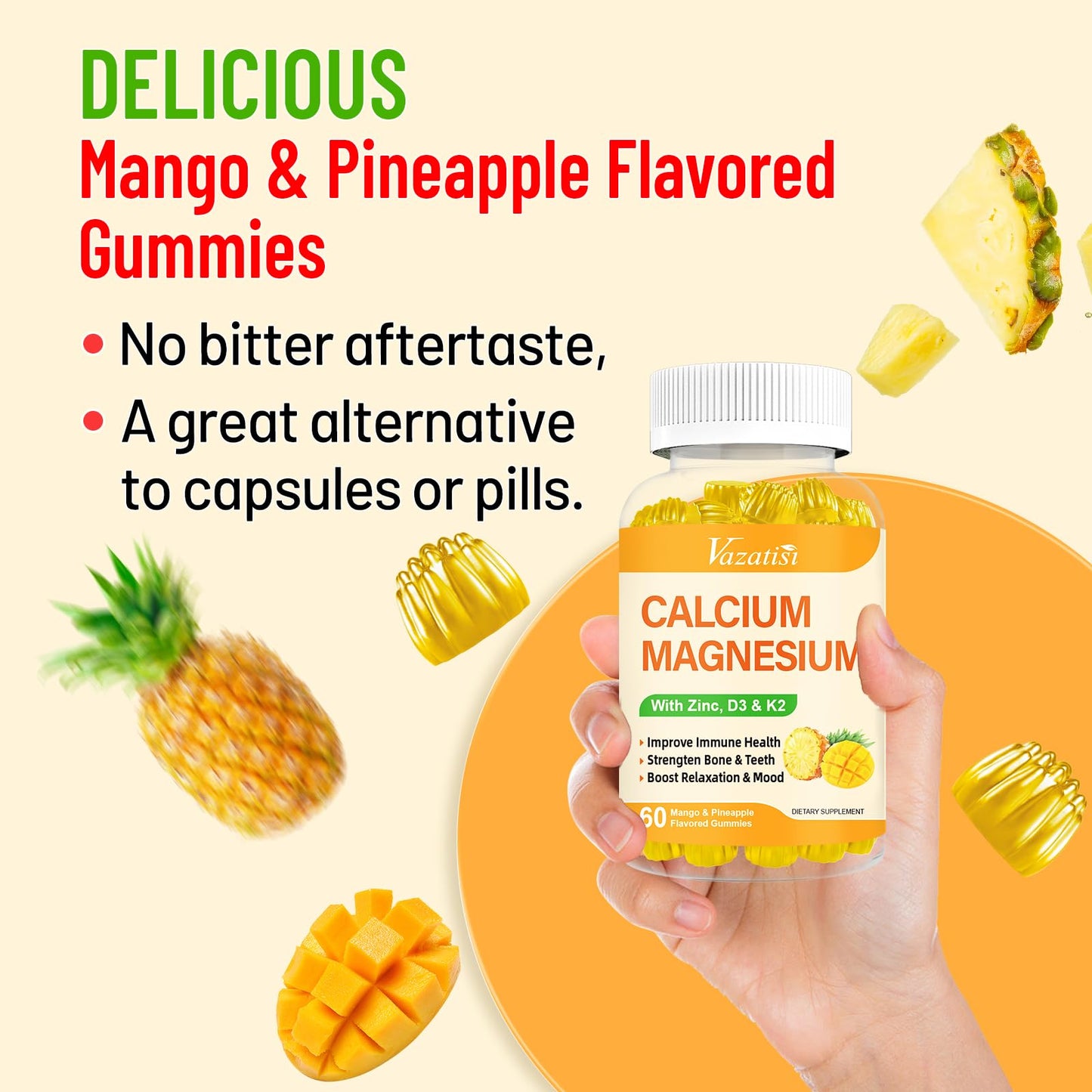 Vazatisi Calcium Magnesium Zinc Gummies with Vitamin D3 and K2, High Absorption Magnesium Glycinate Potassium for Immune Support and Calm Mood, Vegan Mango Pineapple Flavor, 120 Gummies
