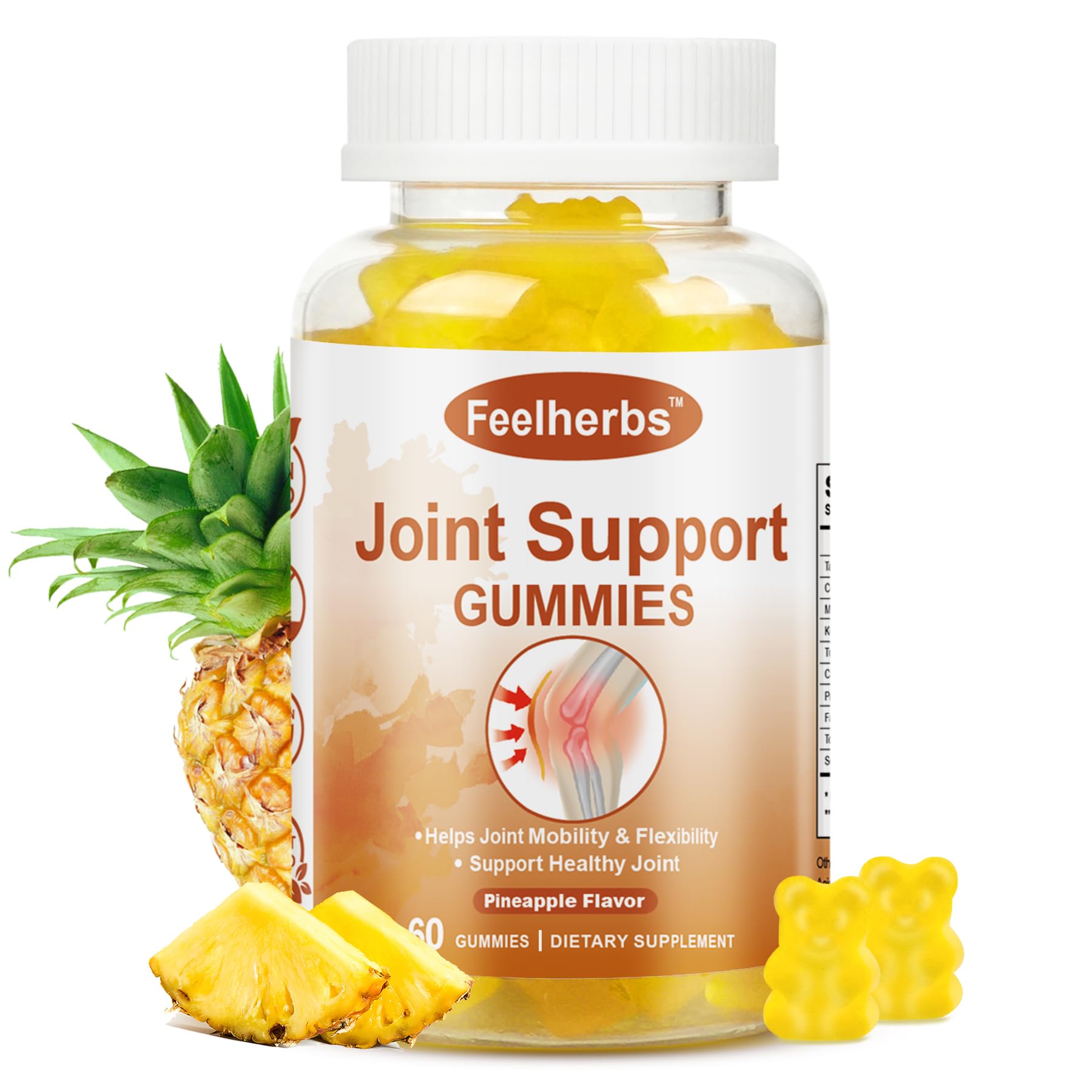 Feelherbs Natural Joint Support Gummies for Women & Men, Pineapple, Extra Strength, with Turmeric & Tart Cherry, Glucosamine-Free, 60 Count
