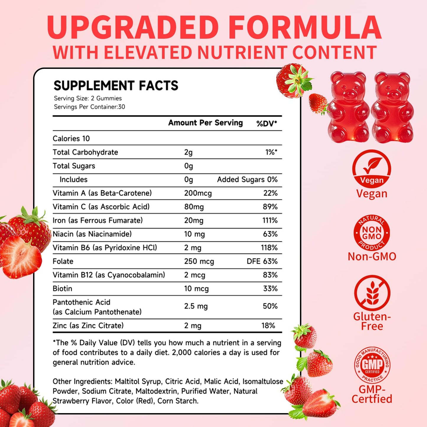 Wellnourish Iron Gummies for Women & Kids, Sugar Free with Vitamin C, 20 mg Gentle Iron, Strawberry, 120 Gummies