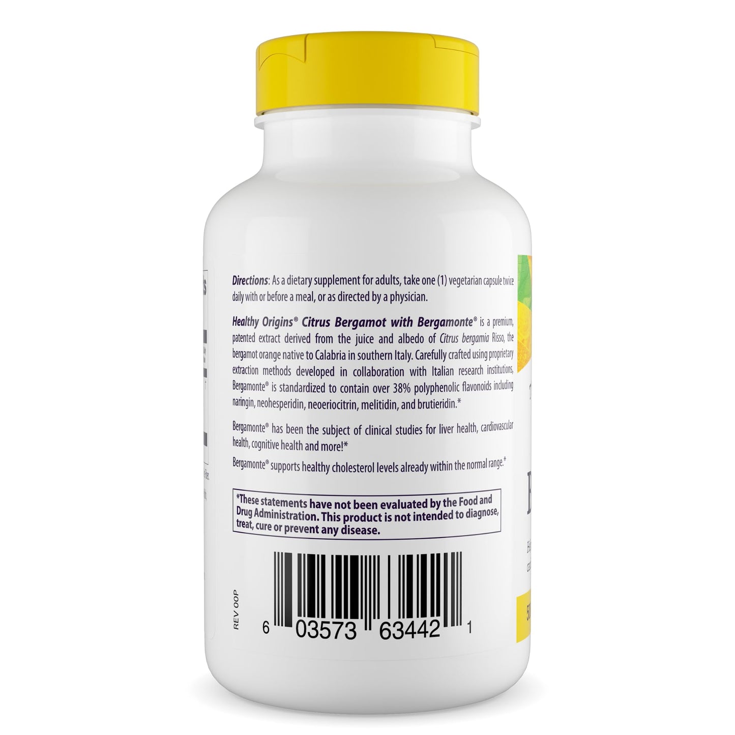 Healthy Origins Citrus Bergamot 500 mg Bergamonte® Patented Extract 38% Polyphenols Cardiovascular & Metabolic Support Third-Party Tested Capsules 120