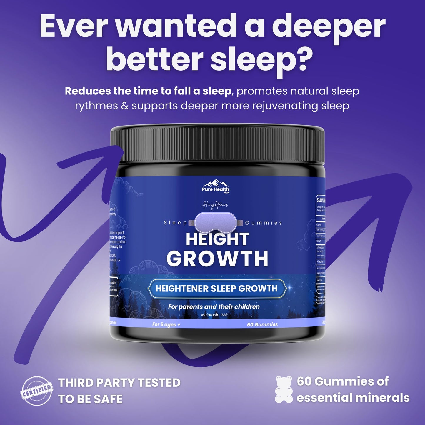 PURE HEALTH MAX Heightener Height Growth Sleep Gummies - Vitamins to Grow Taller for True Height Potential, Natural Height Booster Increase Supplement for Kids and Adults | Calcium & Melatonin Multivitamin, 60 Gummies