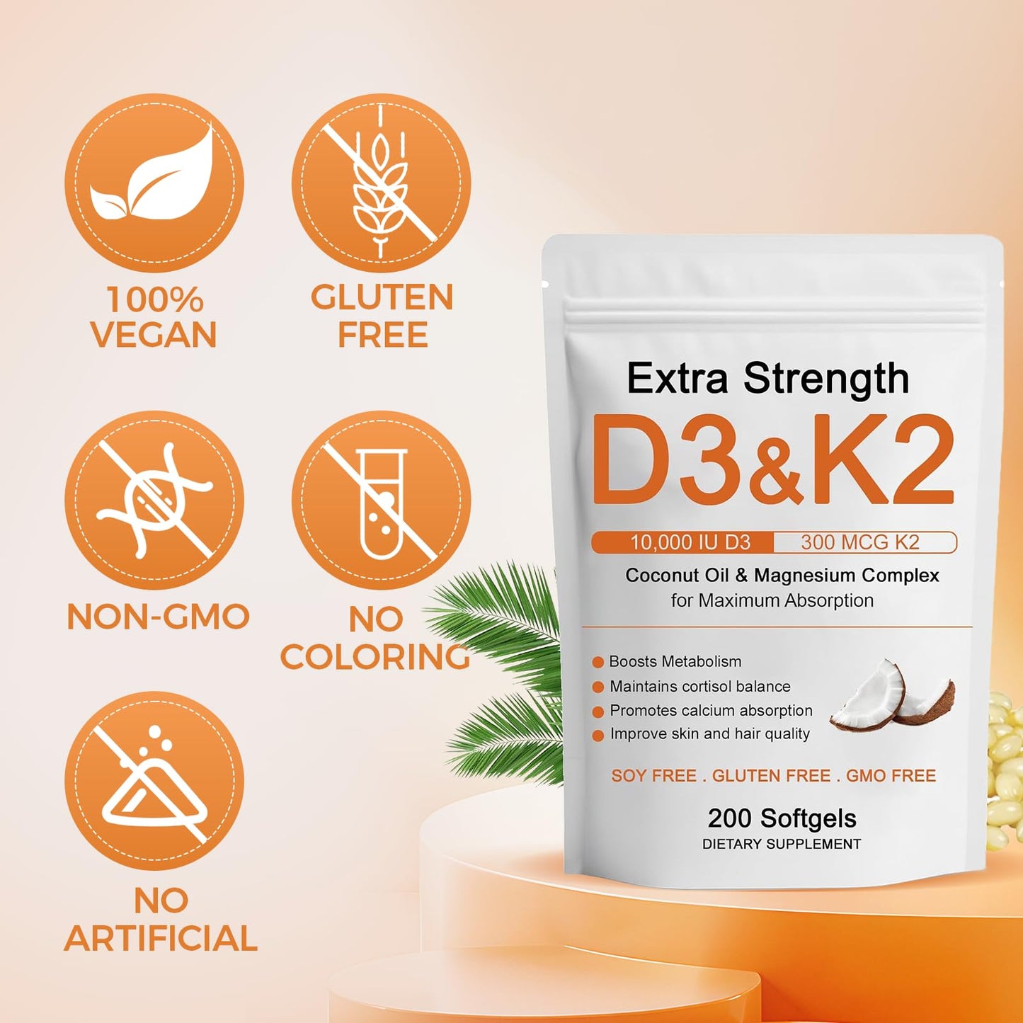 Hlonns D3 K2 Vitamin 10000 IU Softgels 200 Count
