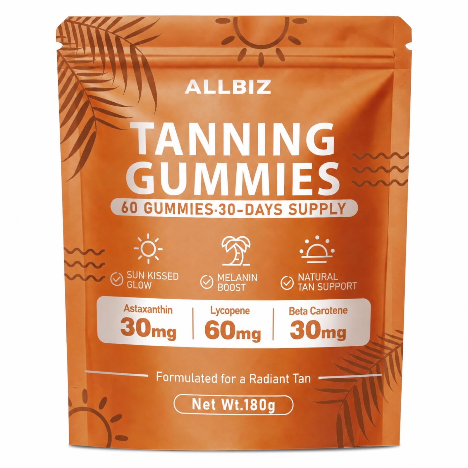 ALLBIZ Tanning Gummies with Astaxanthin & Beta Carotene Glow Support for Natural Radiance, Vitamin C & E, Non-GMO Vegan, Sugar Free, 60 Count