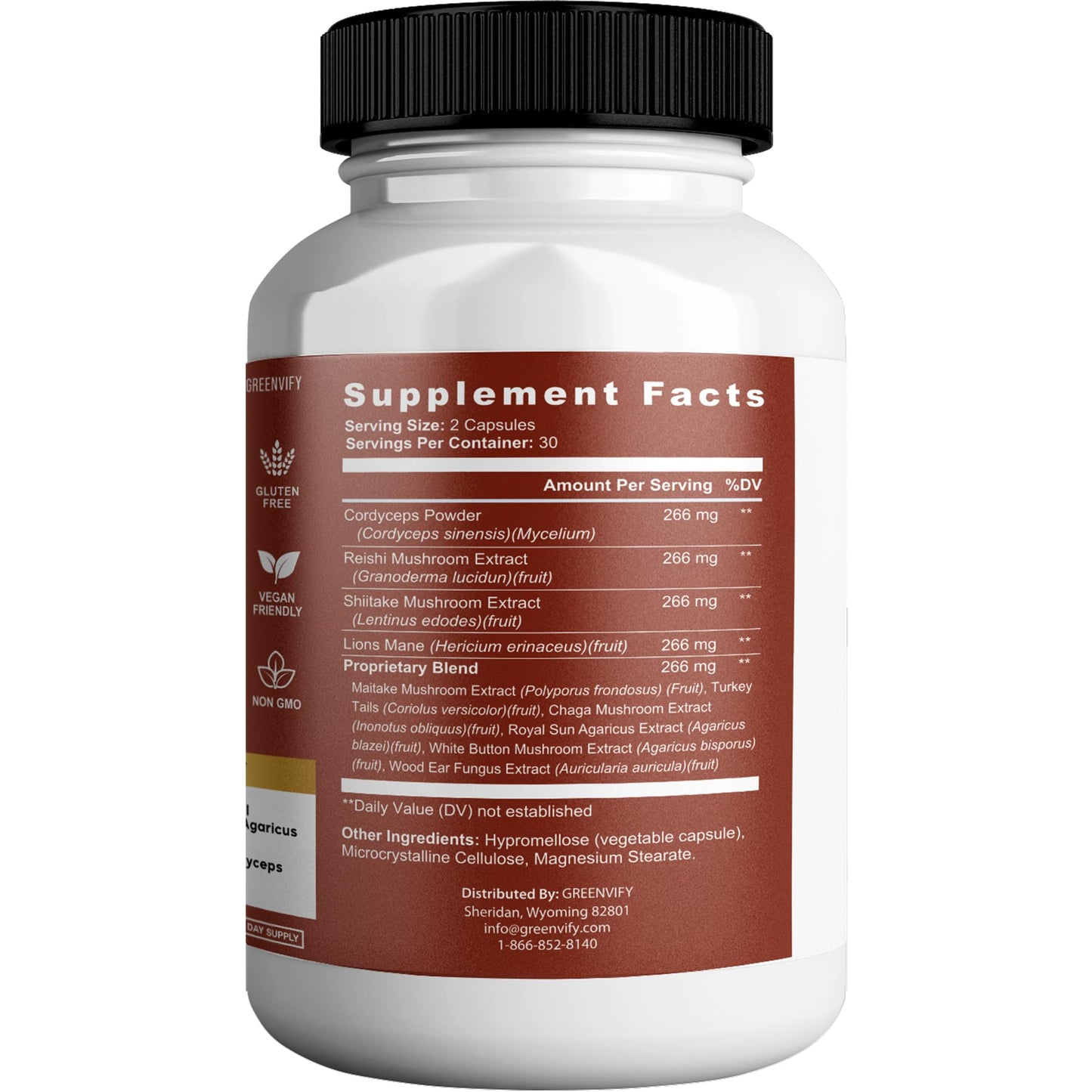GREENVIFY Super Mushrooms 10 in 1 Lions Mane Turkey Tail Chaga Reishi Cordyceps Shiitake Extracts, 60 Capsules