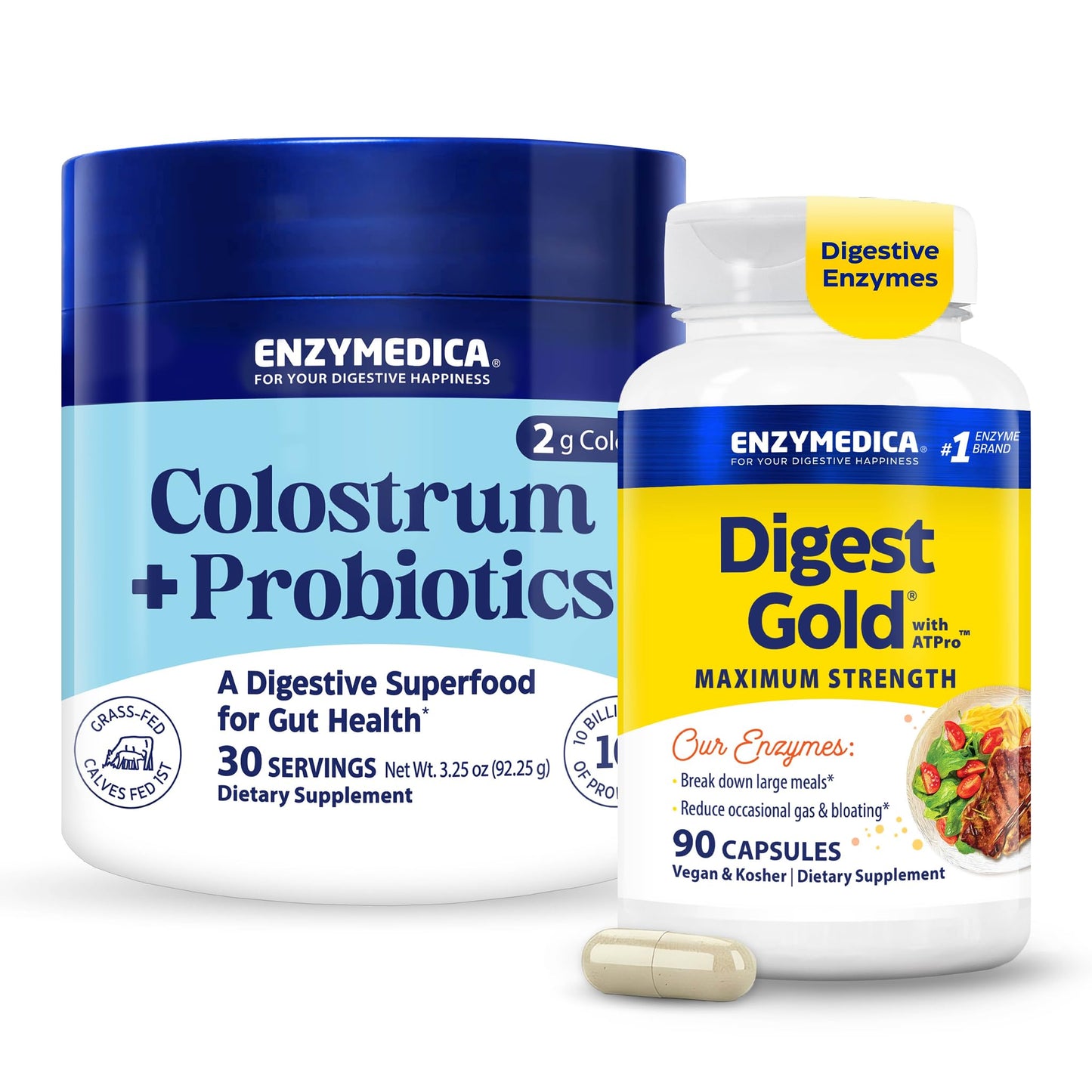 Enzymedica Colostrum + Probiotics Powder & Digest Gold Digestive Enzyme Supplement Capsules Pack of 2