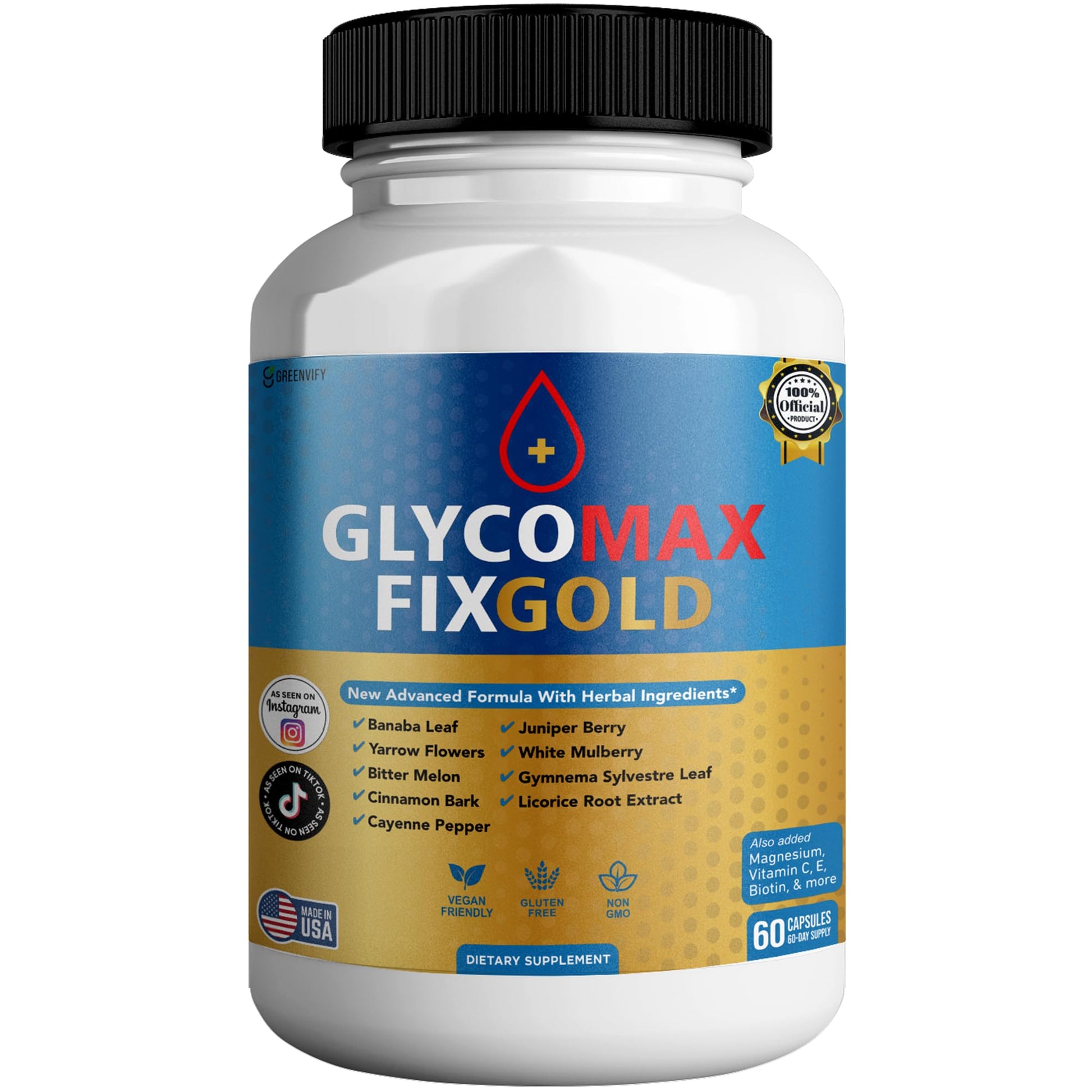 Glyco Max Fix Gold All Natural Formula to Maintain Healthy Levels Maximum Strength Daily Formula 60 Capsules