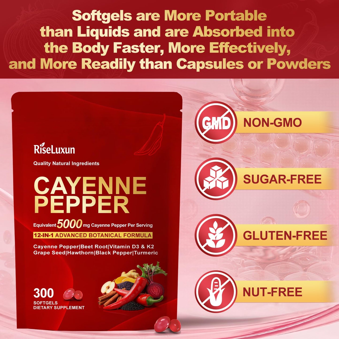 RiseLuxun Cayenne Pepper Softgels Capsule, 300 Count